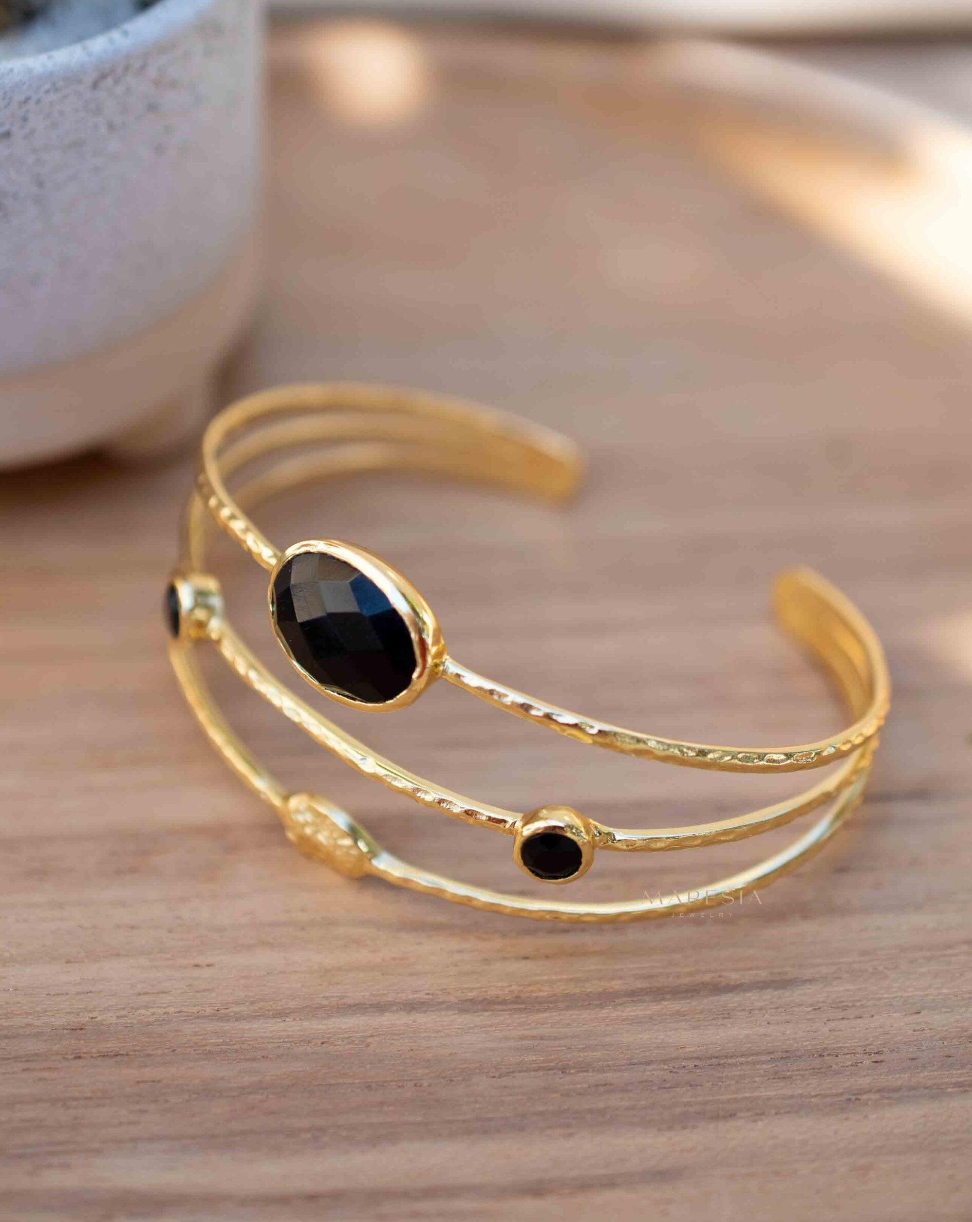 Black Onyx Adjustable Bracelet ~ Gold Plated 18k ~ Handmade ~Statement Hippie ~Bohemian ~Jewelry ~Gift For Her ~Gemstone ~Body MB056