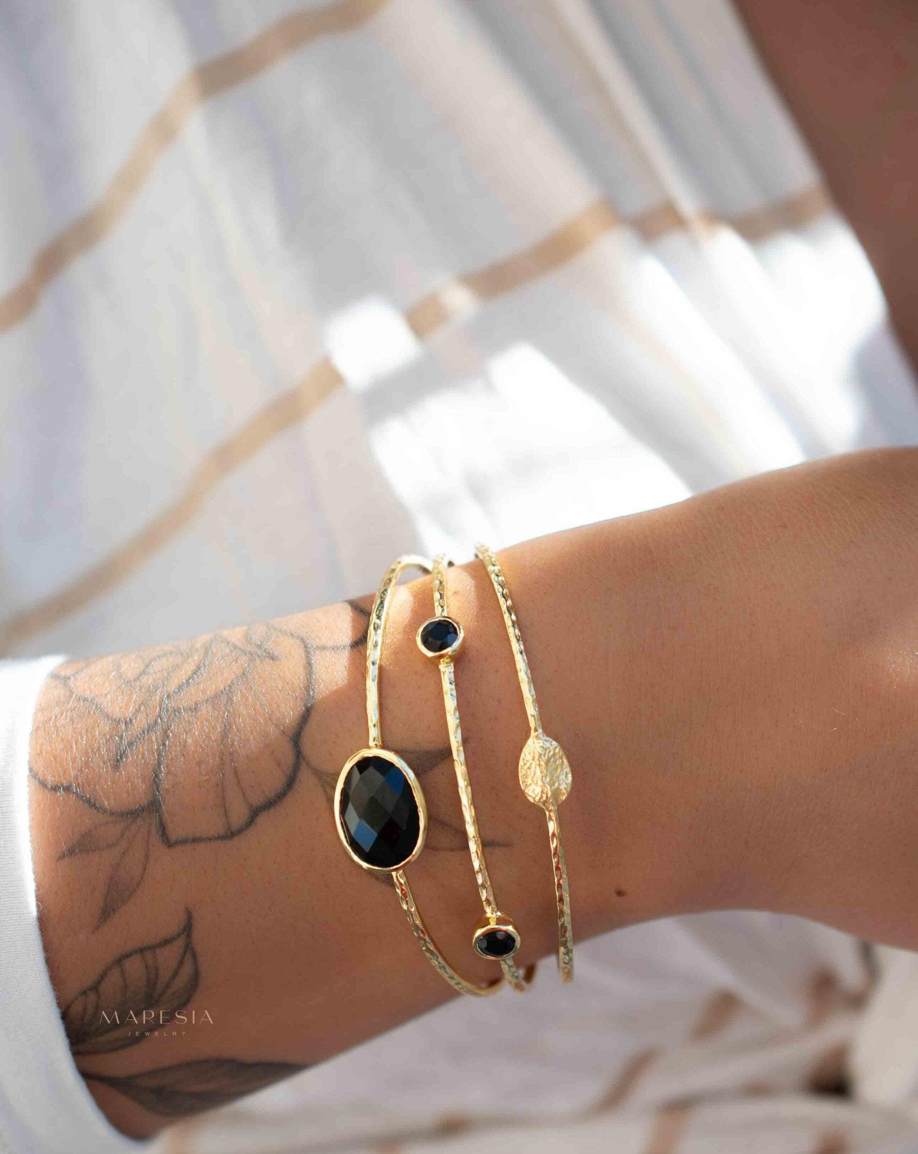 Black Onyx Adjustable Bracelet ~ Gold Plated 18k ~ Handmade ~Statement Hippie ~Bohemian ~Jewelry ~Gift For Her ~Gemstone ~Body MB056