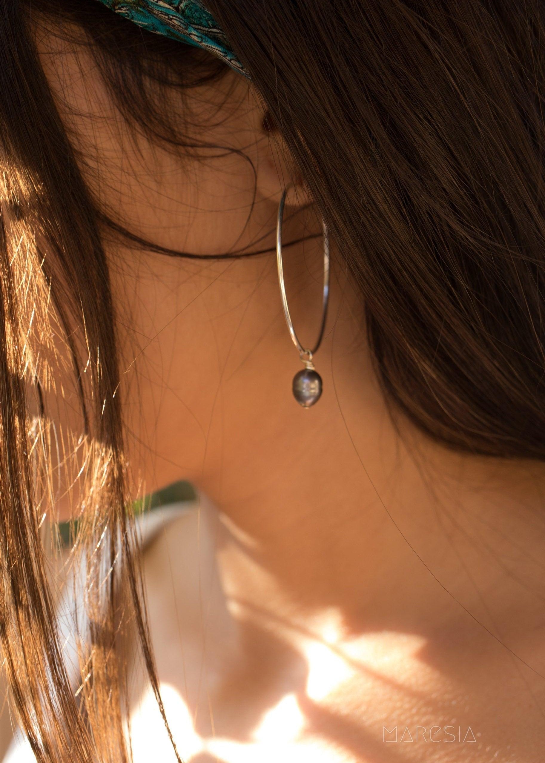 Black Pearl Hoop Earrings ~ Sterling Silver or 14k Gold Filled   ~ ME052 - Maresia Jewelry