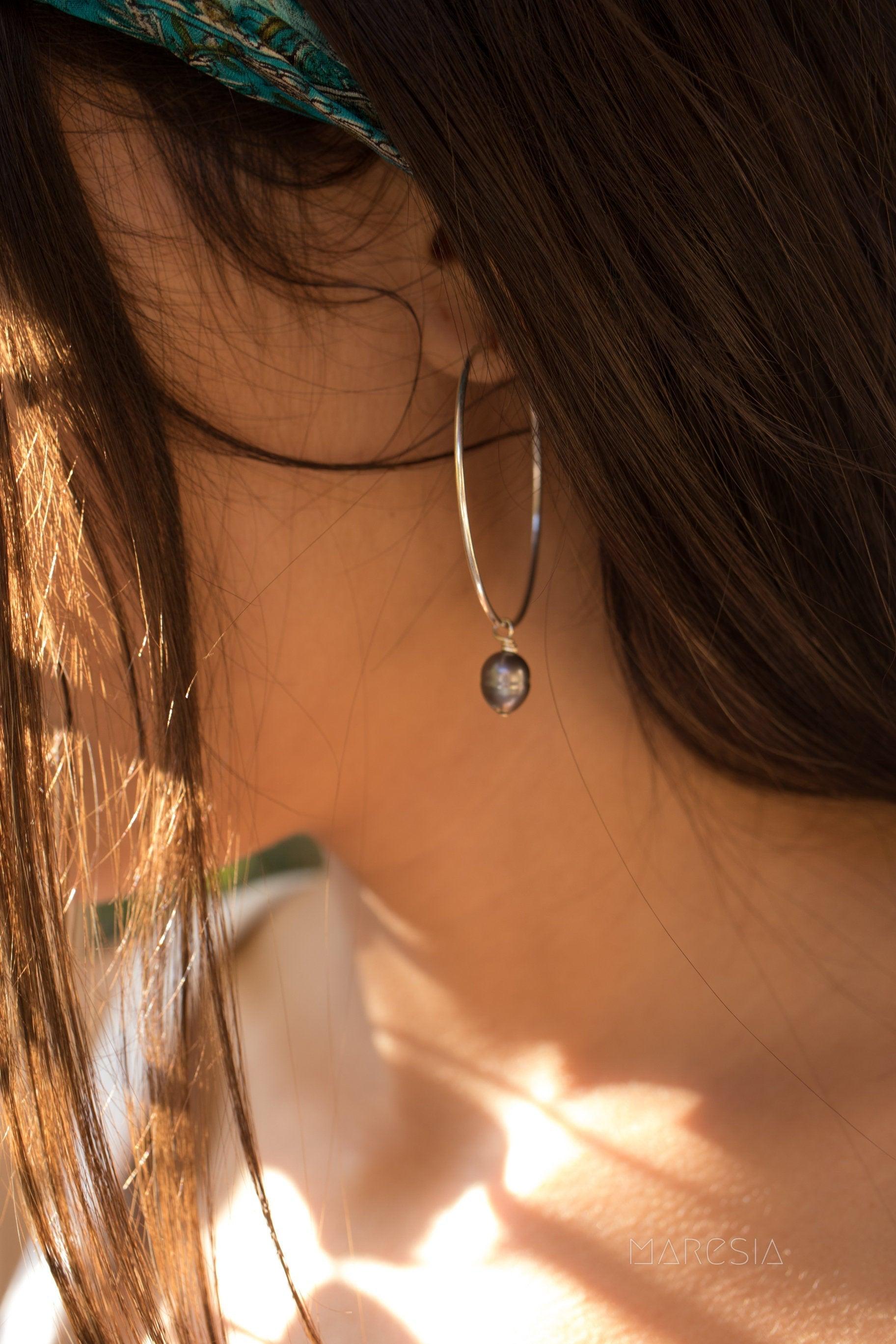 Black Pearl Hoop Earrings ~ Sterling Silver or 14k Gold Filled   ~ ME052 - Maresia Jewelry