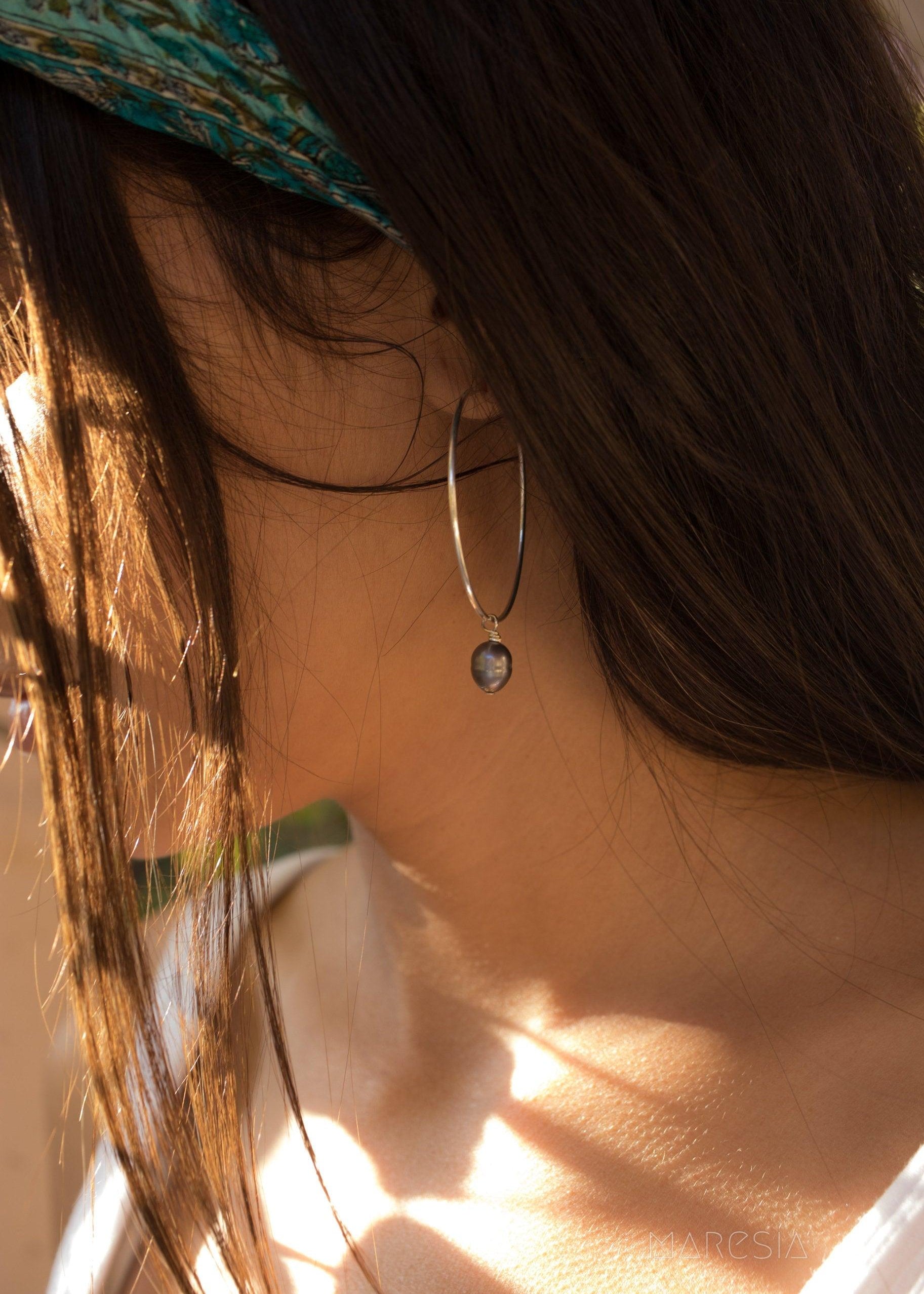 Black Pearl Hoop Earrings ~ Sterling Silver or 14k Gold Filled   ~ ME052 - Maresia Jewelry