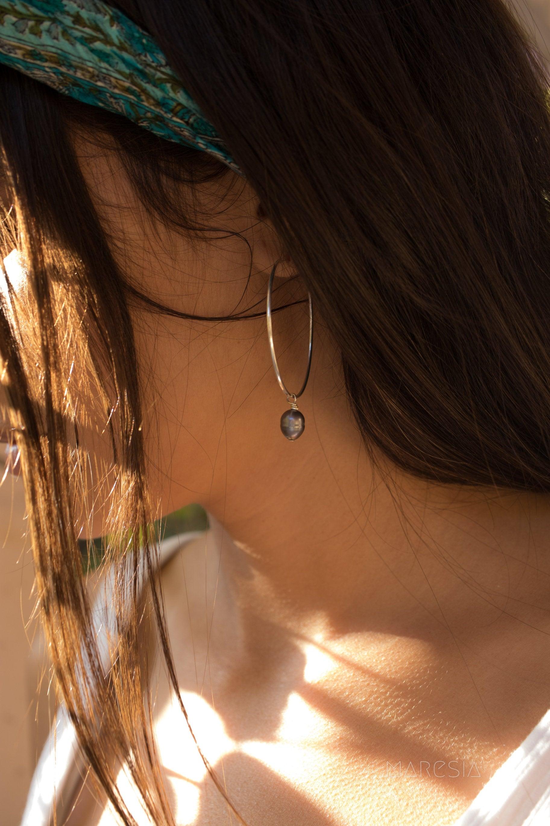 Black Pearl Hoop Earrings ~ Sterling Silver or 14k Gold Filled   ~ ME052 - Maresia Jewelry