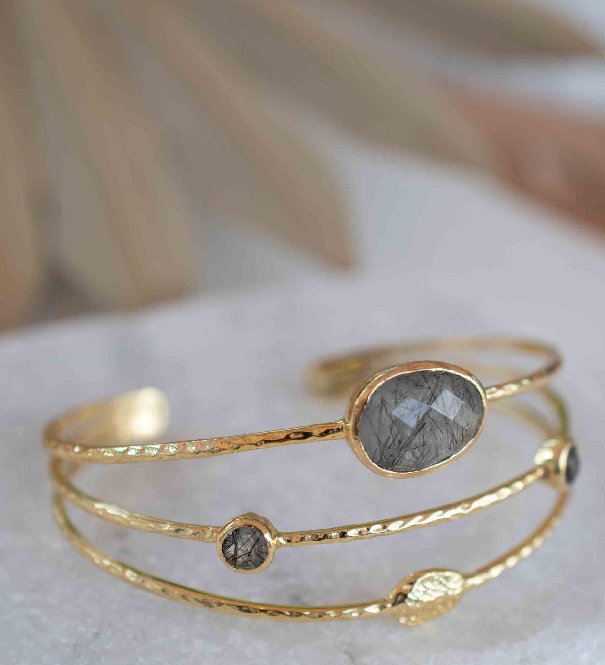 Black Rutilated Quartz Adjustable Bracelet ~ Gold Plated 18k ~ Handmade ~Statement  Hippie ~Bohemian ~Jewelry ~Gemstone ~ MB048