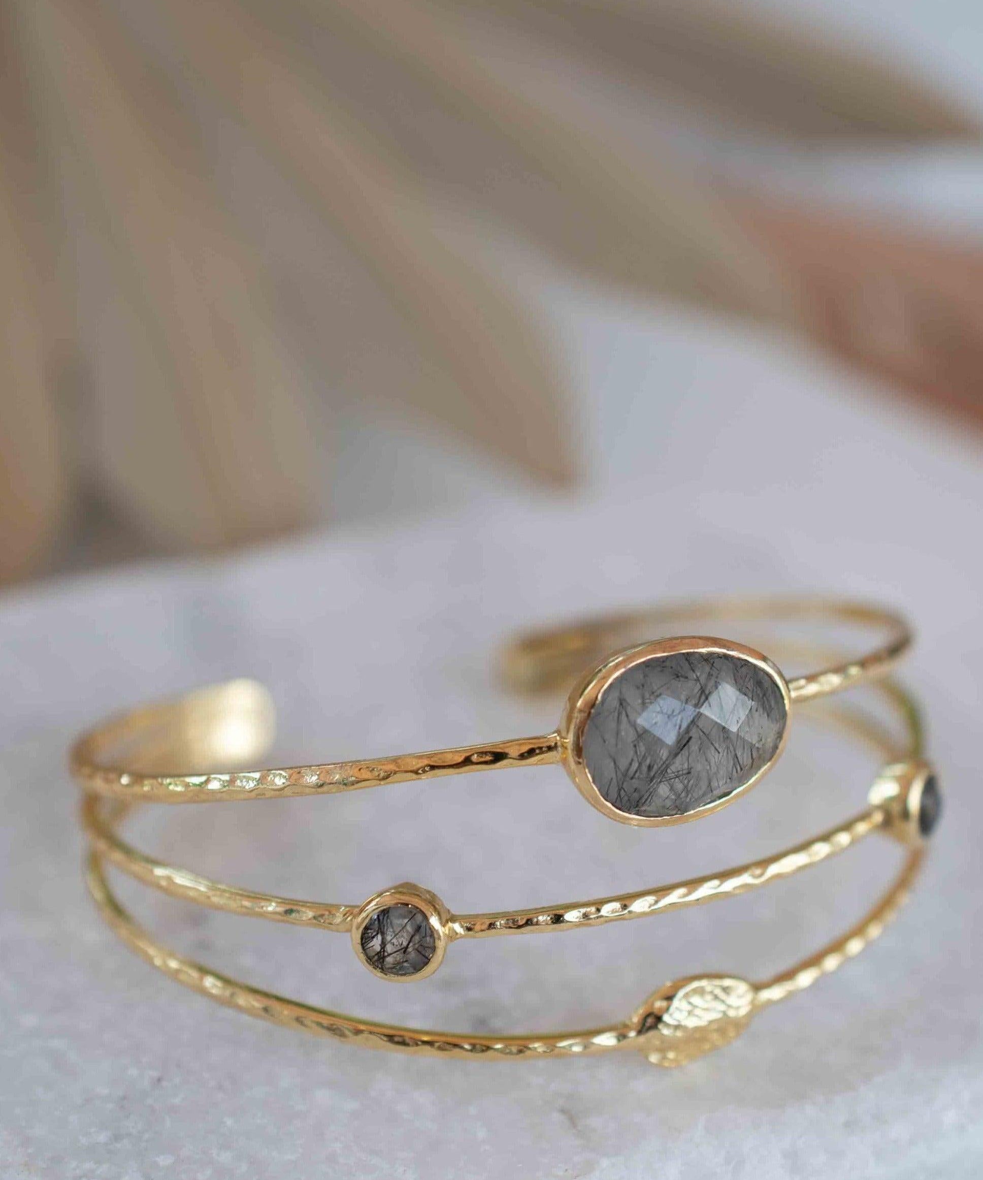 Black Rutilated Quartz Adjustable Bracelet ~ Gold Plated 18k ~ Handmade ~Statement  Hippie ~Bohemian ~Jewelry ~Gemstone ~ MB048