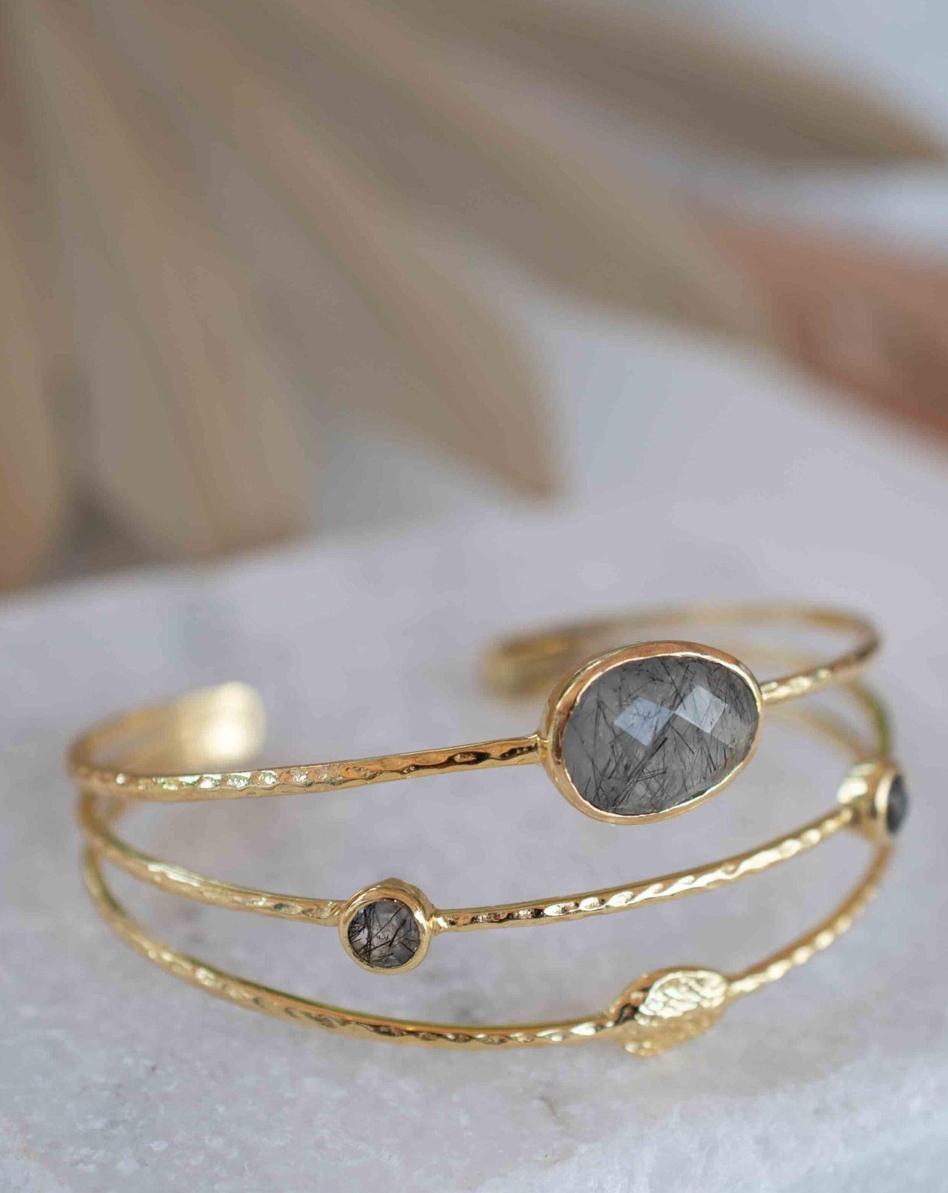 Black Rutilated Quartz Adjustable Bracelet ~ Gold Plated 18k ~ Handmade ~Statement  Hippie ~Bohemian ~Jewelry ~Gemstone ~ MB048