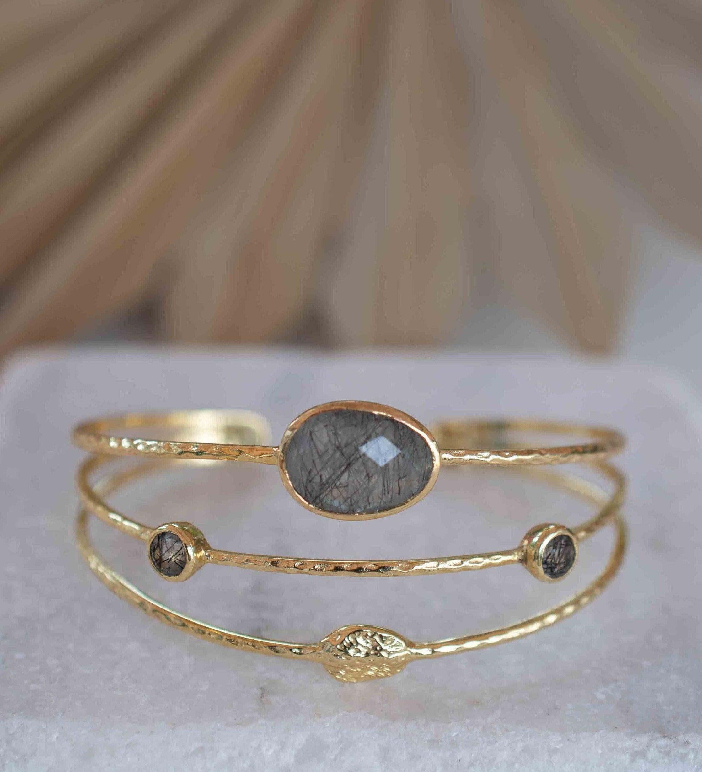 Black Rutilated Quartz Adjustable Bracelet ~ Gold Plated 18k ~ Handmade ~Statement  Hippie ~Bohemian ~Jewelry ~Gemstone ~ MB048