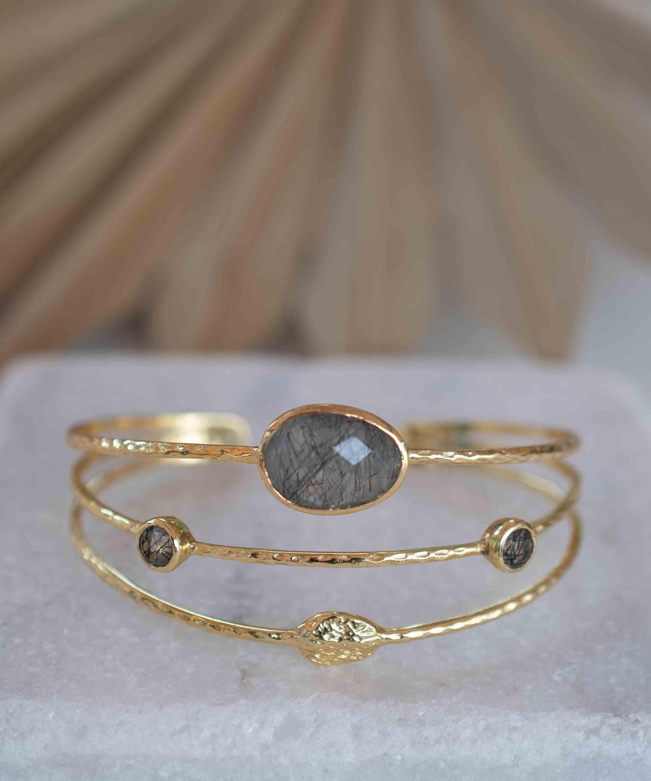 Black Rutilated Quartz Adjustable Bracelet ~ Gold Plated 18k ~ Handmade ~Statement  Hippie ~Bohemian ~Jewelry ~Gemstone ~ MB048