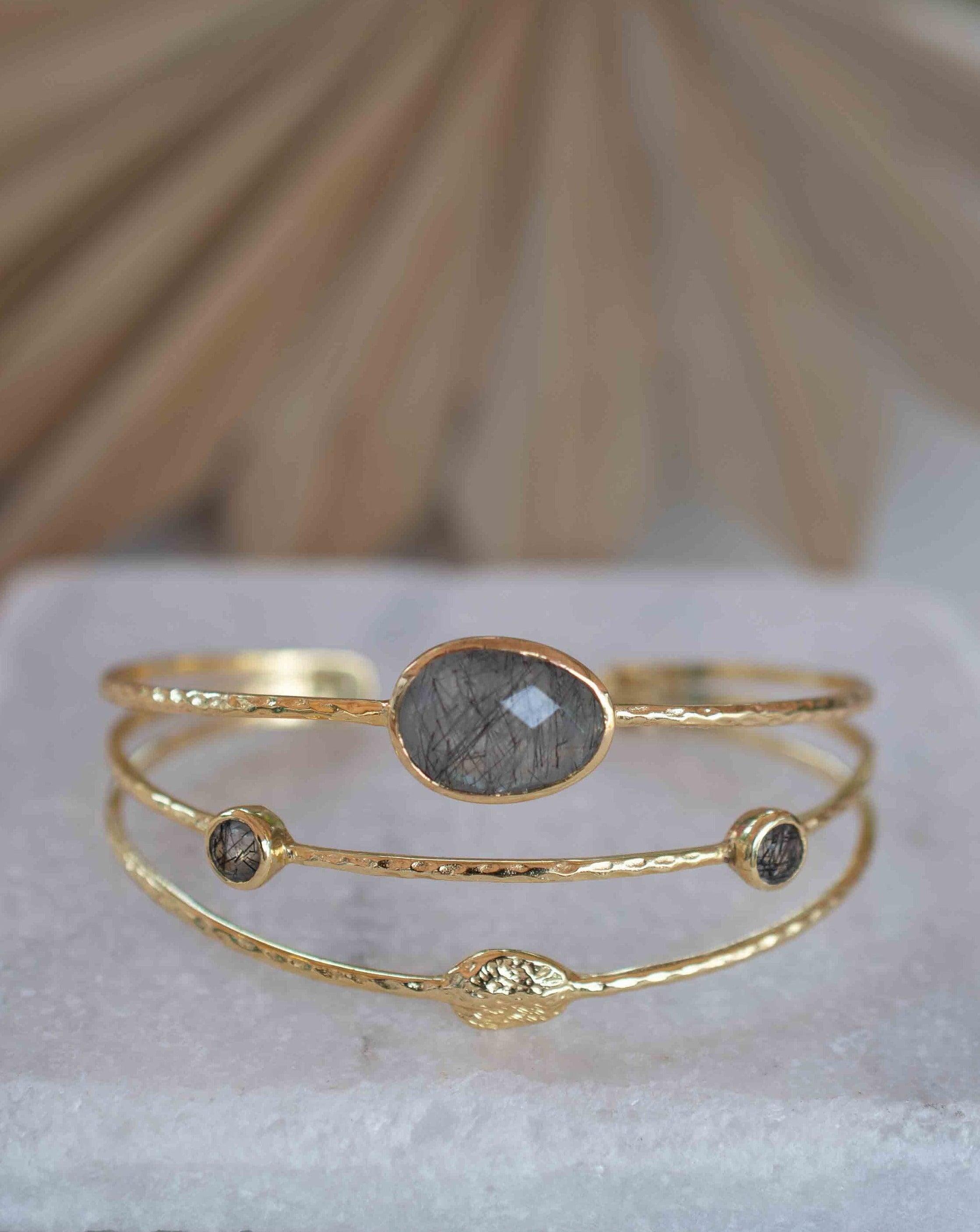 Black Rutilated Quartz Adjustable Bracelet ~ Gold Plated 18k ~ Handmade ~Statement  Hippie ~Bohemian ~Jewelry ~Gemstone ~ MB048