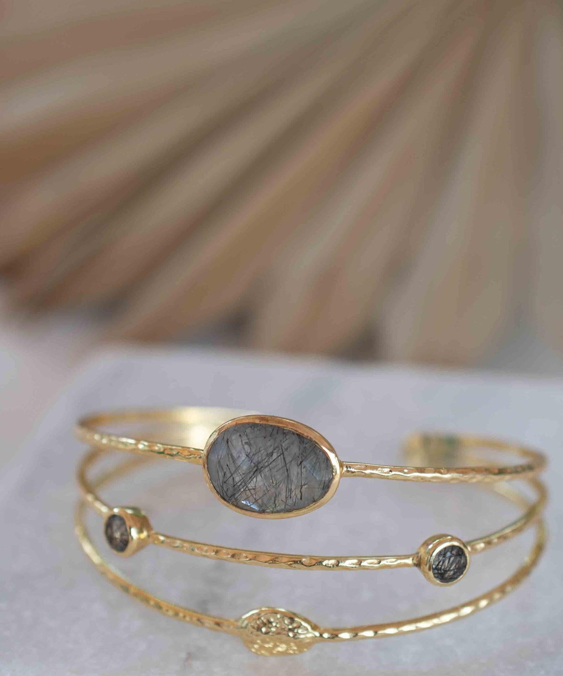 Black Rutilated Quartz Adjustable Bracelet ~ Gold Plated 18k ~ Handmade ~Statement  Hippie ~Bohemian ~Jewelry ~Gemstone ~ MB048