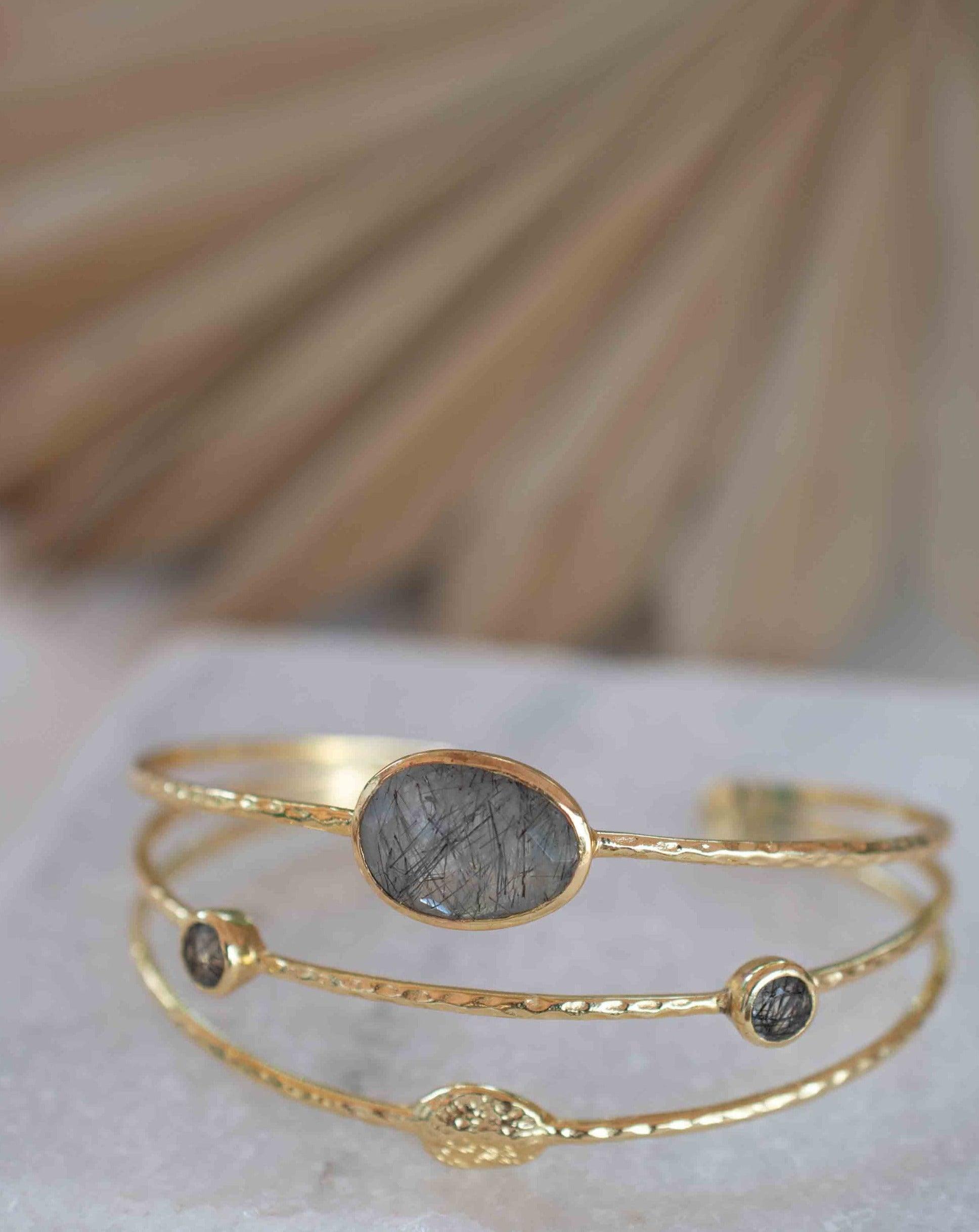 Black Rutilated Quartz Adjustable Bracelet ~ Gold Plated 18k ~ Handmade ~Statement  Hippie ~Bohemian ~Jewelry ~Gemstone ~ MB048