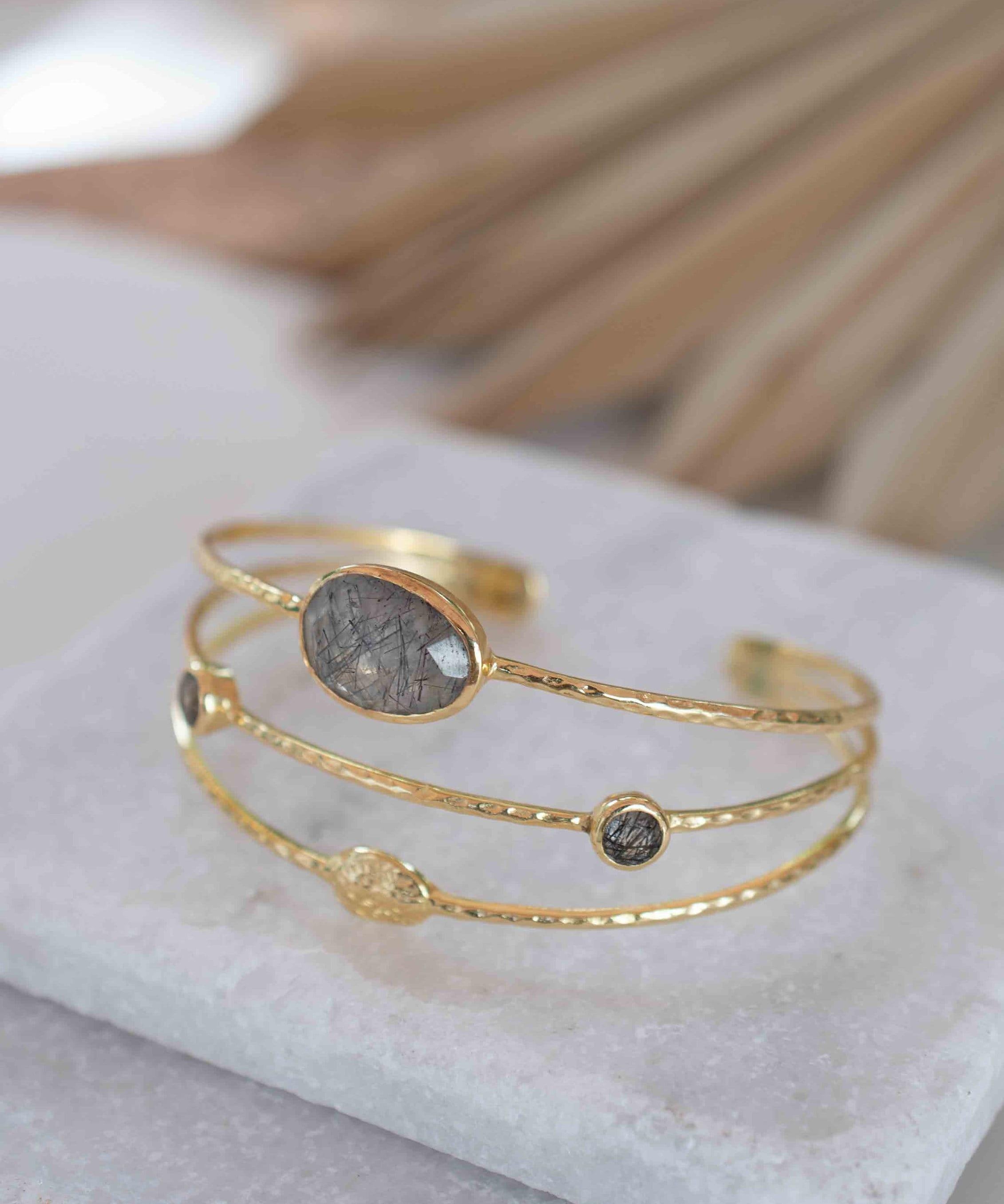 Black Rutilated Quartz Adjustable Bracelet ~ Gold Plated 18k ~ Handmade ~Statement  Hippie ~Bohemian ~Jewelry ~Gemstone ~ MB048