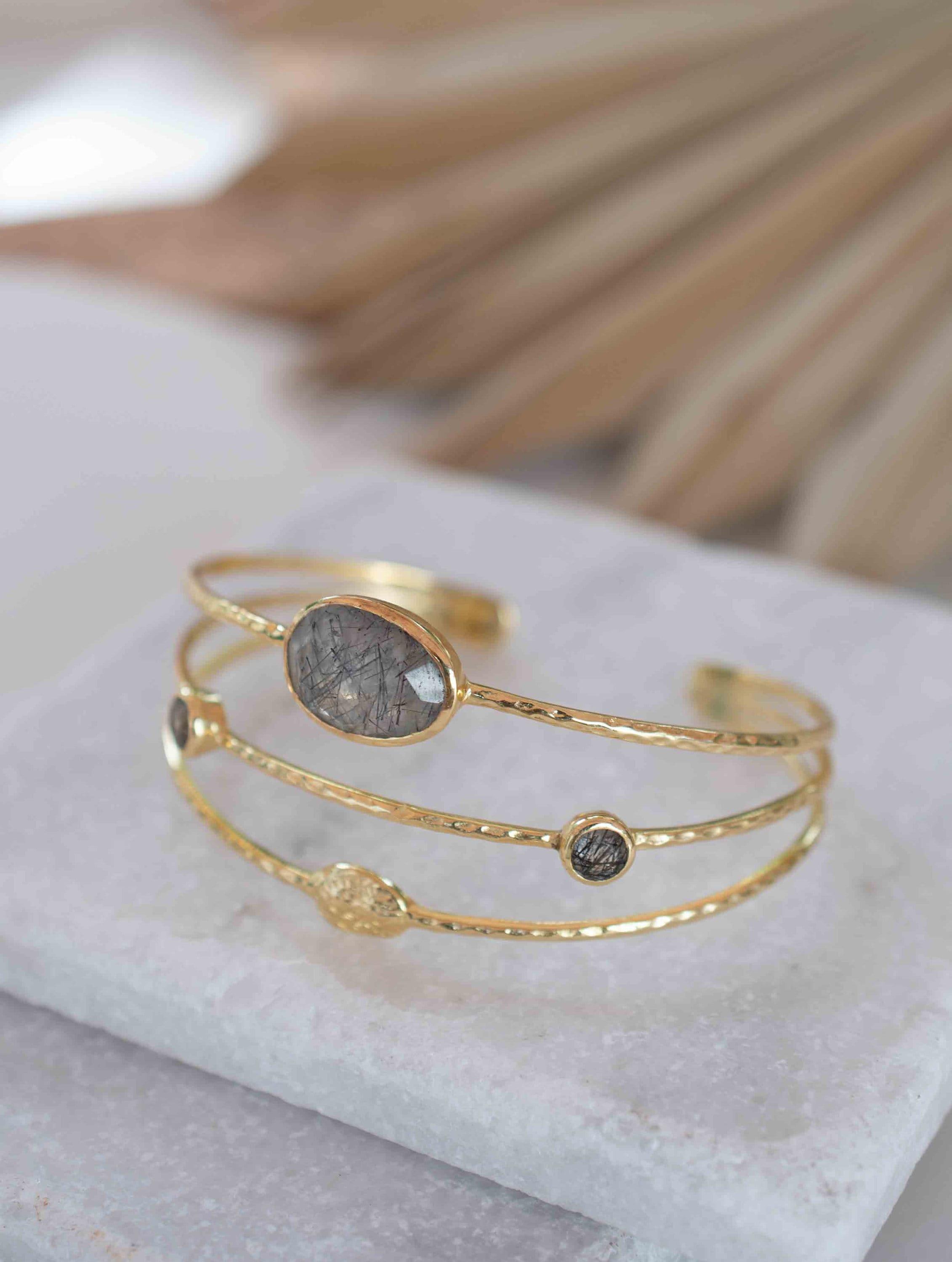 Black Rutilated Quartz Adjustable Bracelet ~ Gold Plated 18k ~ Handmade ~Statement  Hippie ~Bohemian ~Jewelry ~Gemstone ~ MB048