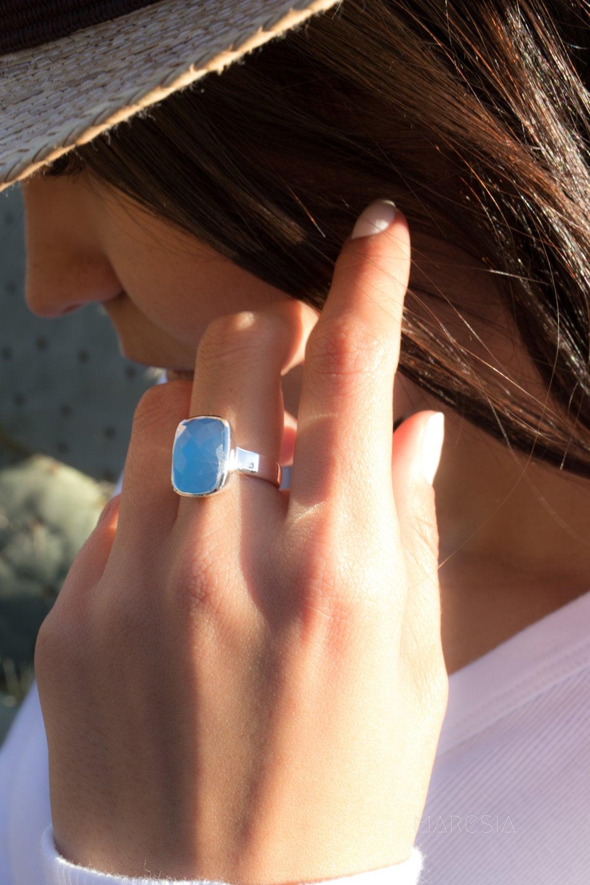 Blue chalcedony ring, Sterling Silver band, Filigree Ring, statement ring, gemstone ring, unisex band, wide 2024 silver band - Karma R1146L