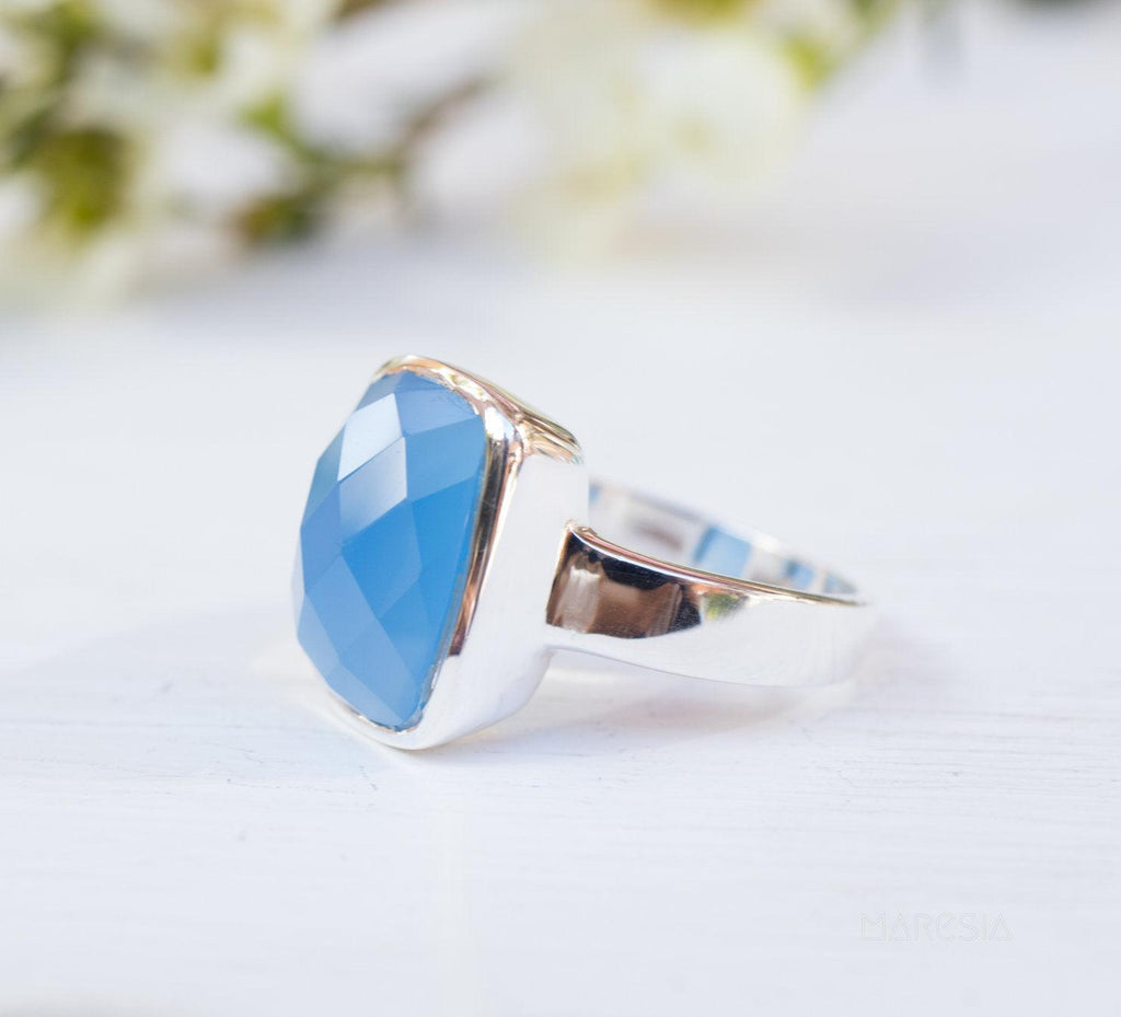 Sterling silver blue faceted Chalcedony sold ring