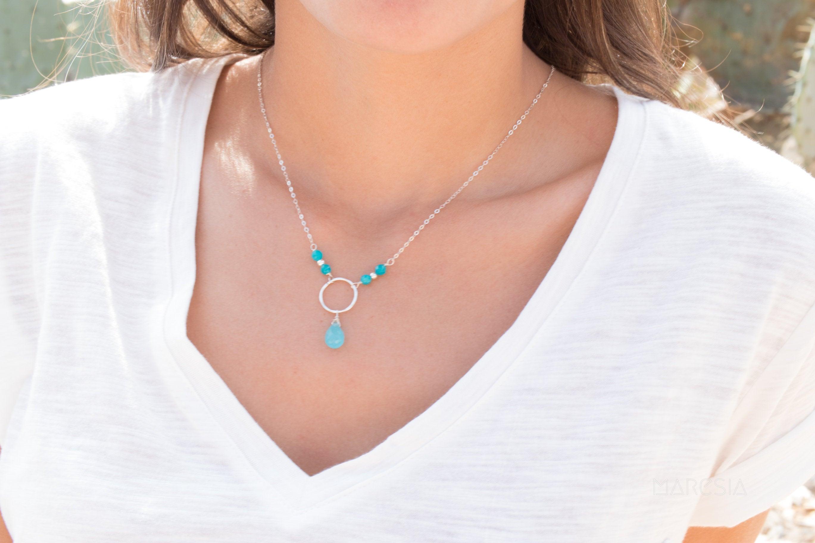 Blue Chalcedony Tear Drop Necklace ~ Sterling Silver 925 - Maresia Jewelry