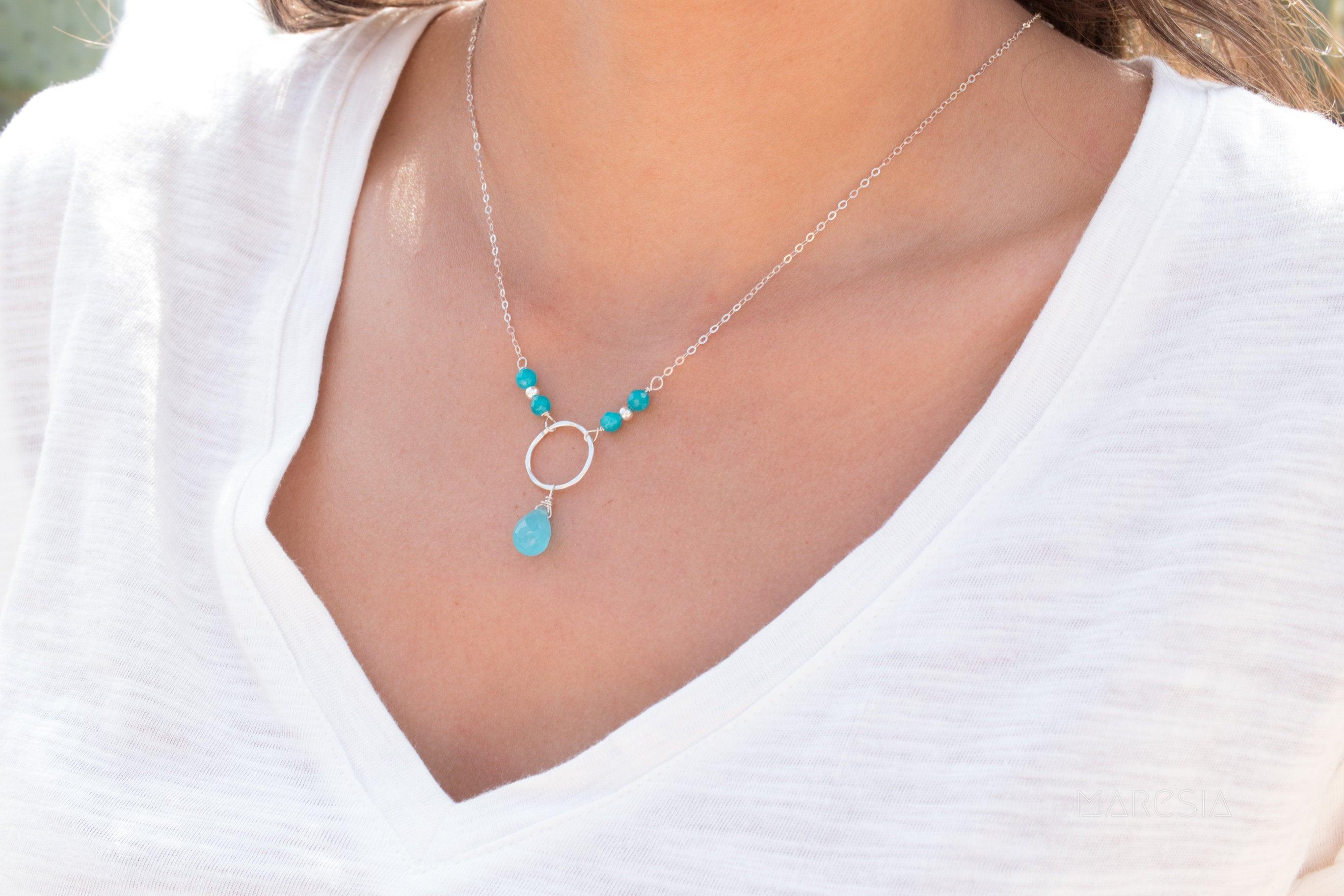 Blue Chalcedony Tear Drop Necklace ~ Sterling Silver 925 - Maresia Jewelry