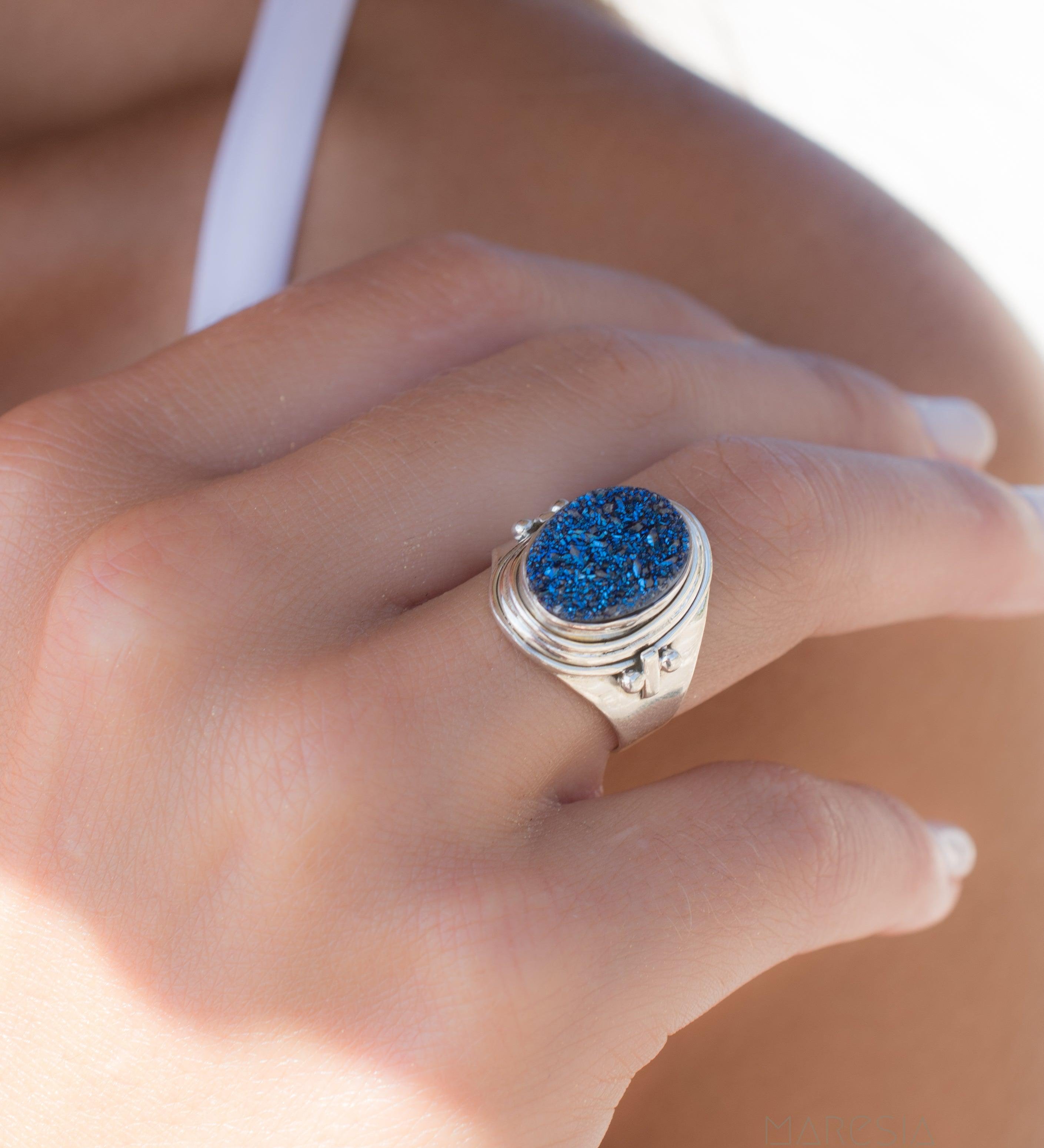 Blue Druzy Quartz Ring ~ Sterling Silver 925 ~ SMR096 - Maresia Jewelry