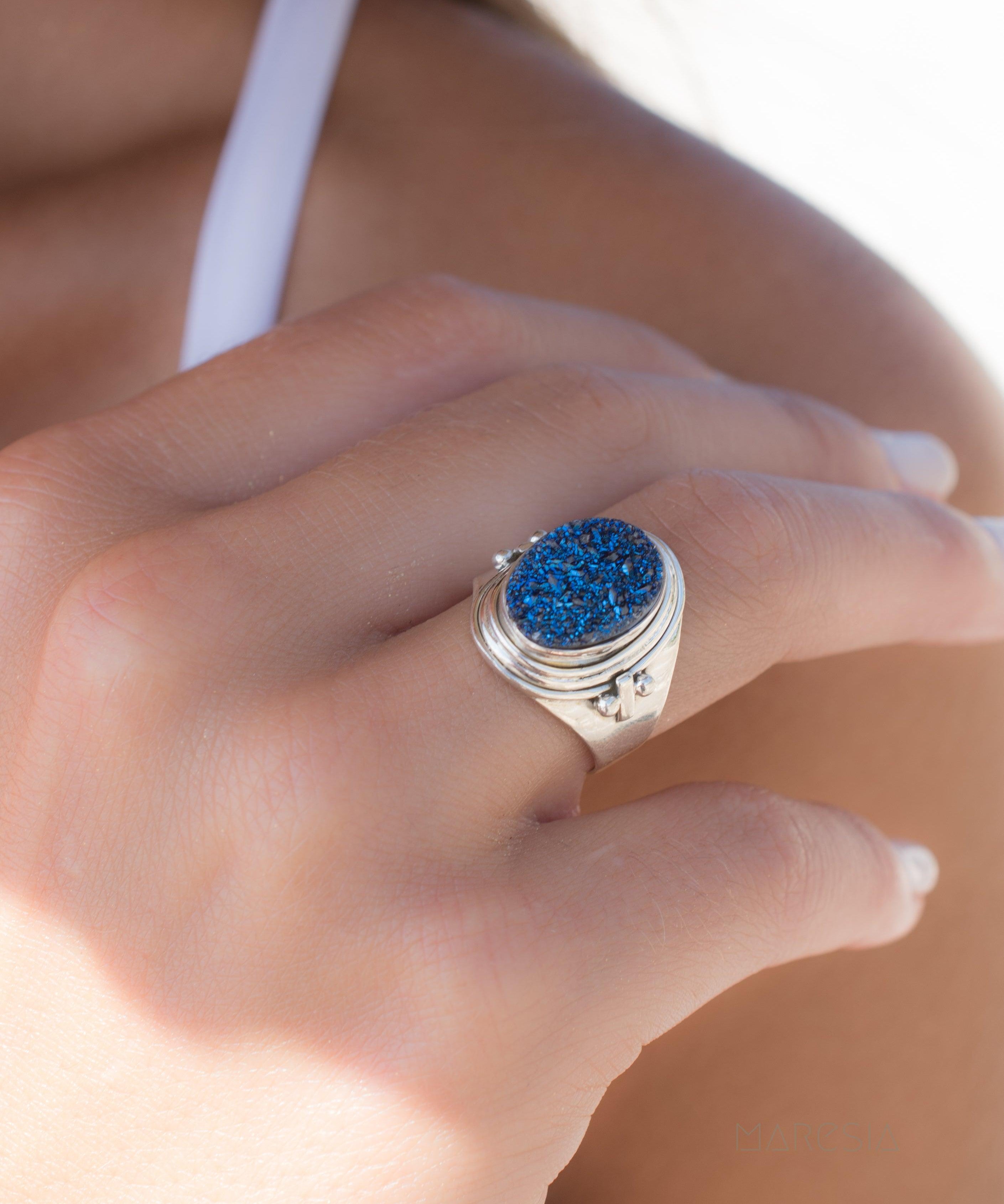 Blue Druzy Quartz Ring ~ Sterling Silver 925 ~ SMR096 - Maresia Jewelry
