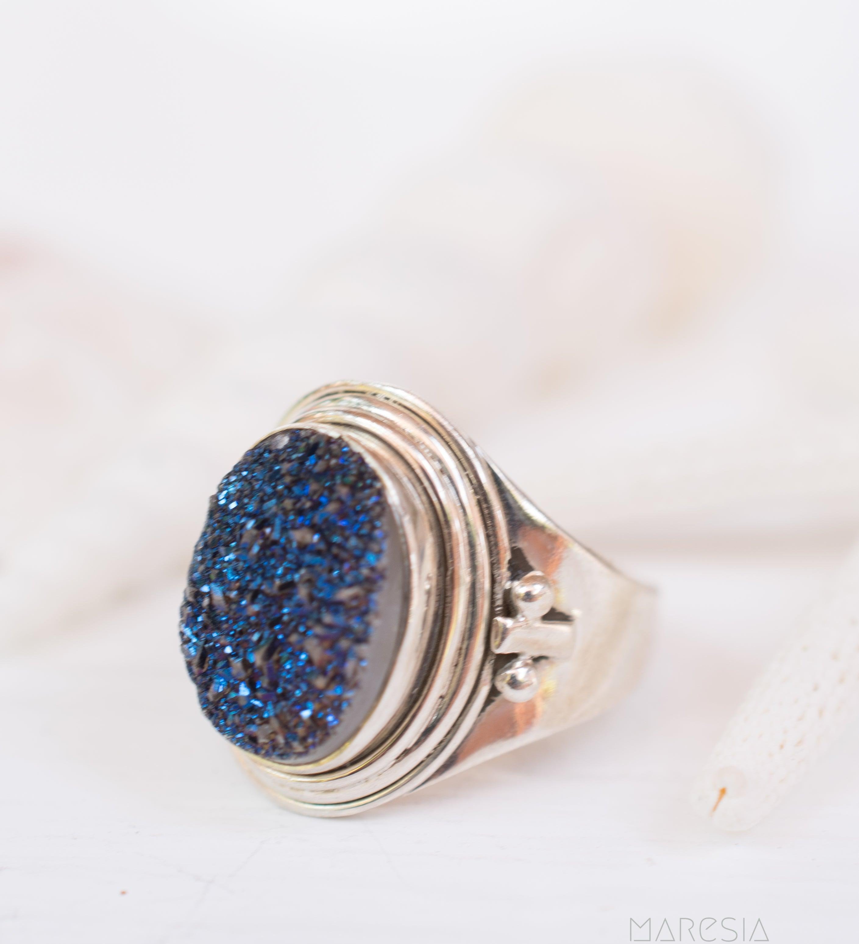Blue Druzy Quartz Ring ~ Sterling Silver 925 ~ SMR096 - Maresia Jewelry