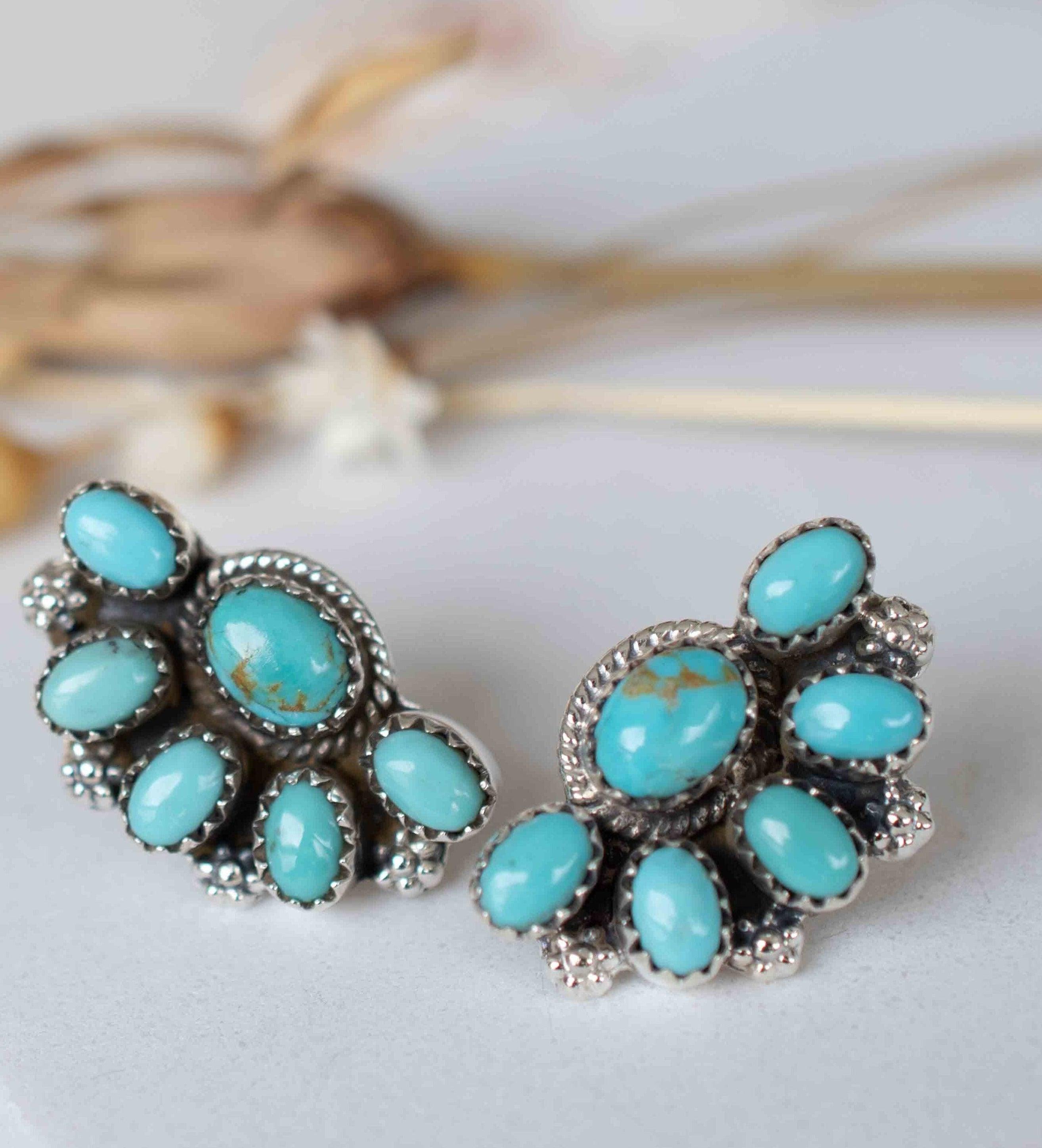 Turquoise Earrings ~ Gemstone ~ Post ~ Stud ~ Sterling Silver 925 ~ Jewelry ~ Blue ~ Handmade~ Statement earrings ~ME012