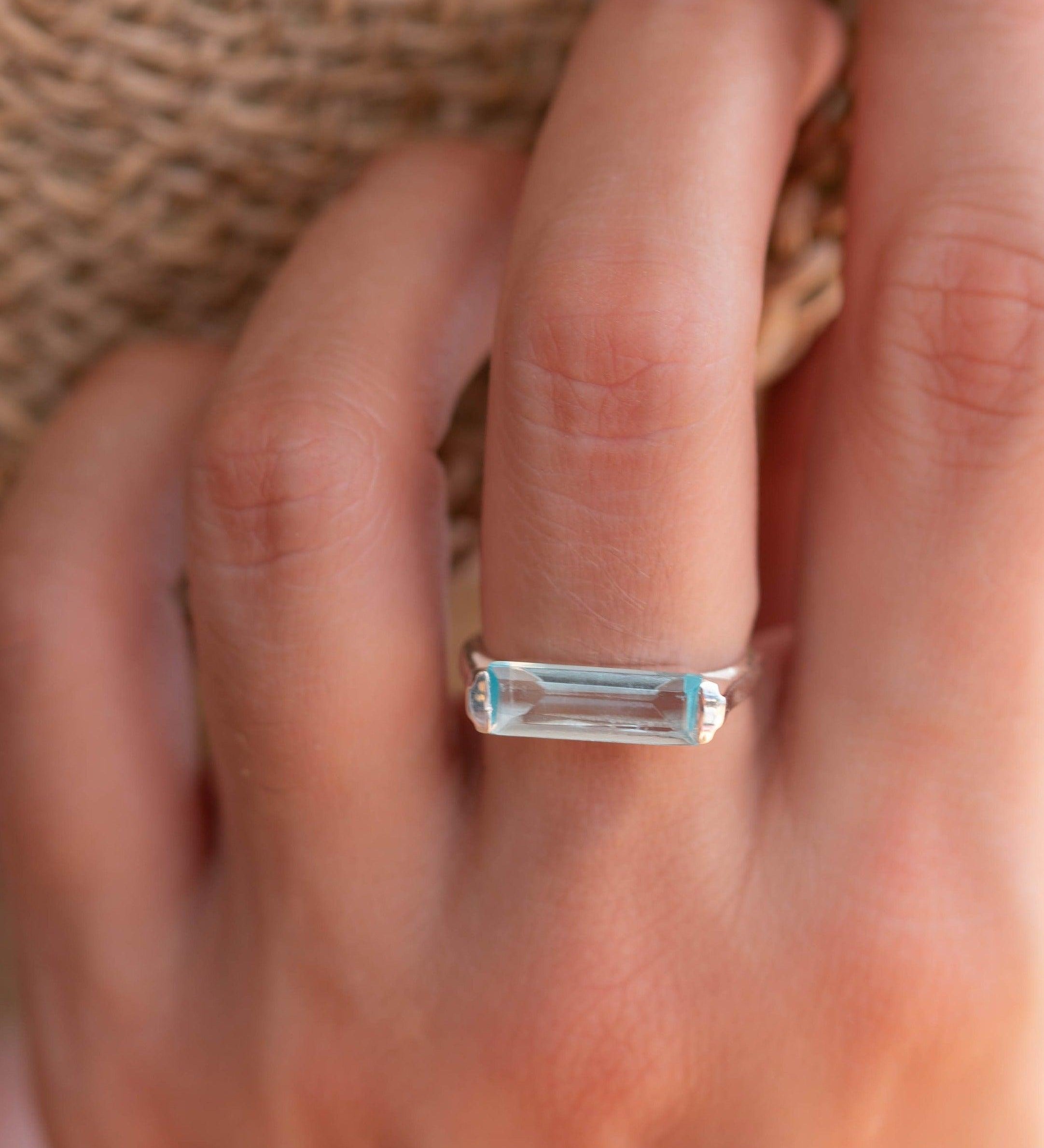 Blue Topaz Hydro Ring ~ Sterling Silver 925 ~ Rectangular Stone ~ Jewelry ~ Handmade ~ Boho ~ MR229