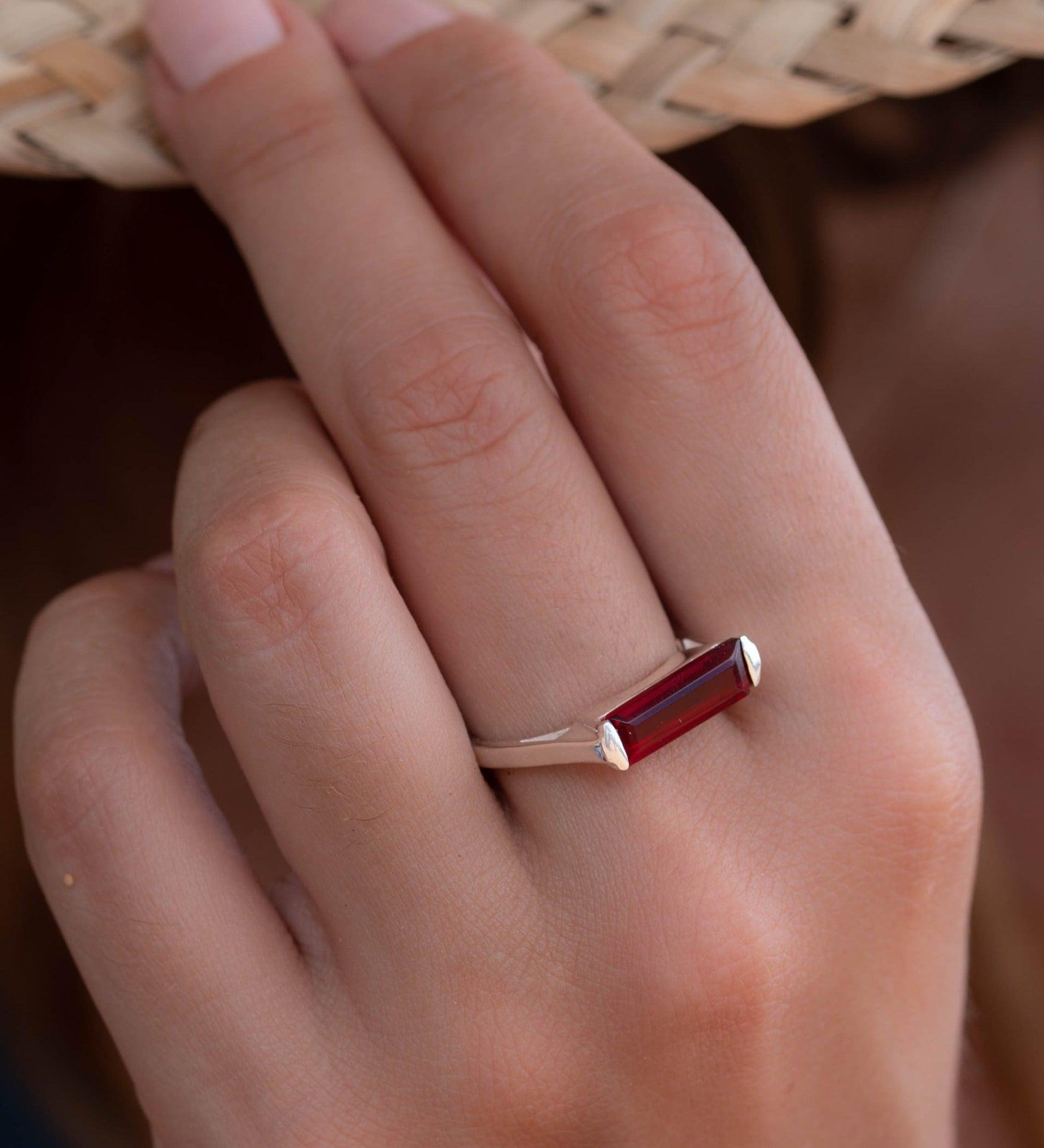 Garnet Hydro Ring ~ Sterling Silver 925 ~ Rectangular Stone ~ Jewelry ~ Handmade ~ Boho ~ Stackable ~ MR232