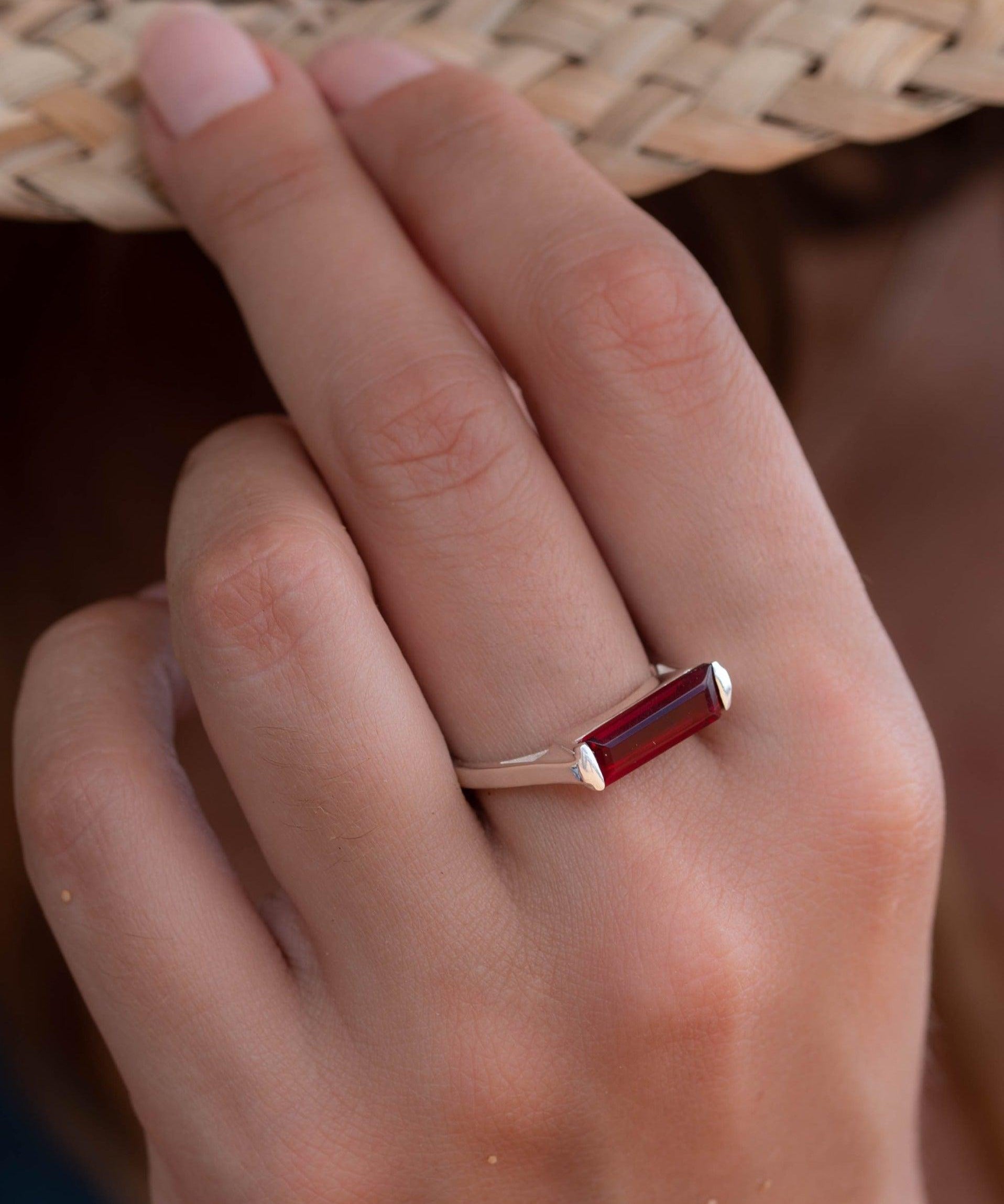 Garnet Hydro Ring ~ Sterling Silver 925 ~ Rectangular Stone ~ Jewelry ~ Handmade ~ Boho ~ Stackable ~ MR232