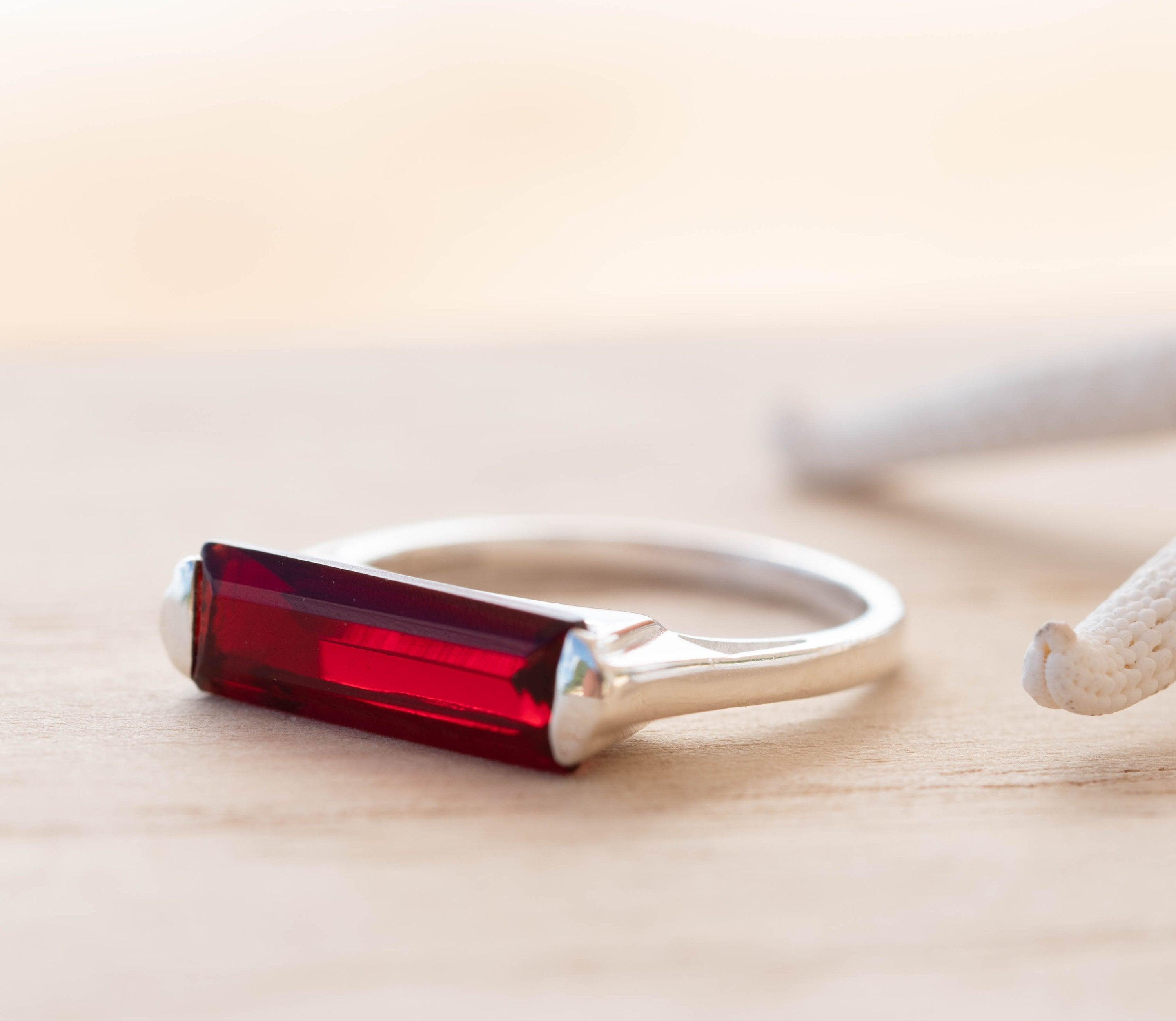Garnet Hydro Ring ~ Sterling Silver 925 ~ Rectangular Stone ~ Jewelry ~ Handmade ~ Boho ~ Stackable ~ MR232