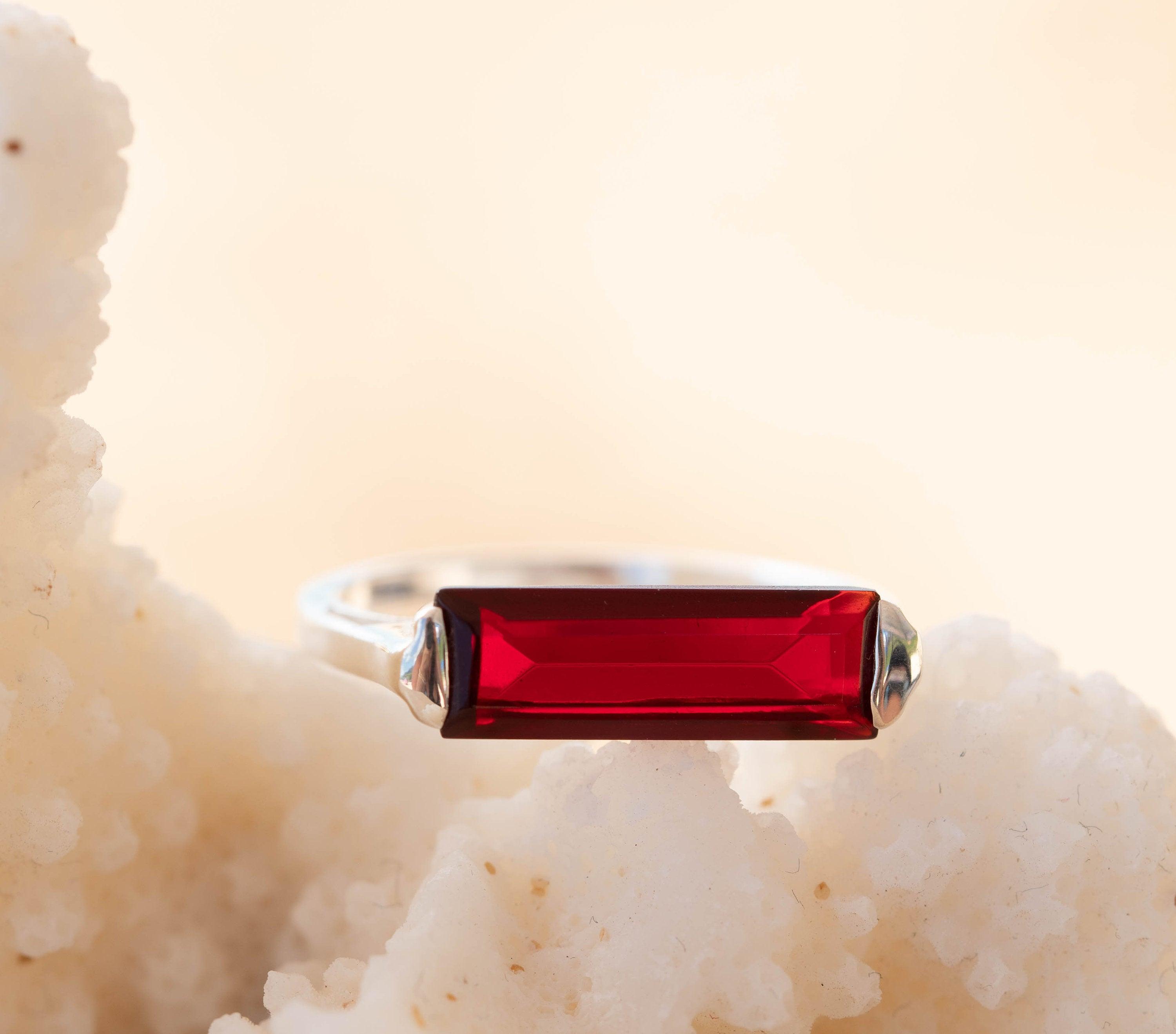 Garnet Hydro Ring ~ Sterling Silver 925 ~ Rectangular Stone ~ Jewelry ~ Handmade ~ Boho ~ Stackable ~ MR232