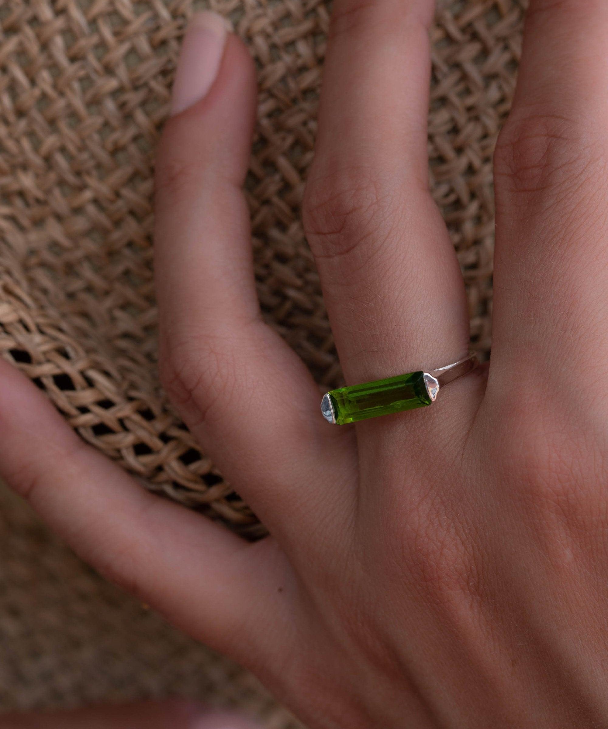 Peridot Hydro Ring ~ Sterling Silver 925 ~ Rectangular Stone ~  Jewelry ~ Handmade ~ Boho ~ Stackable MR227