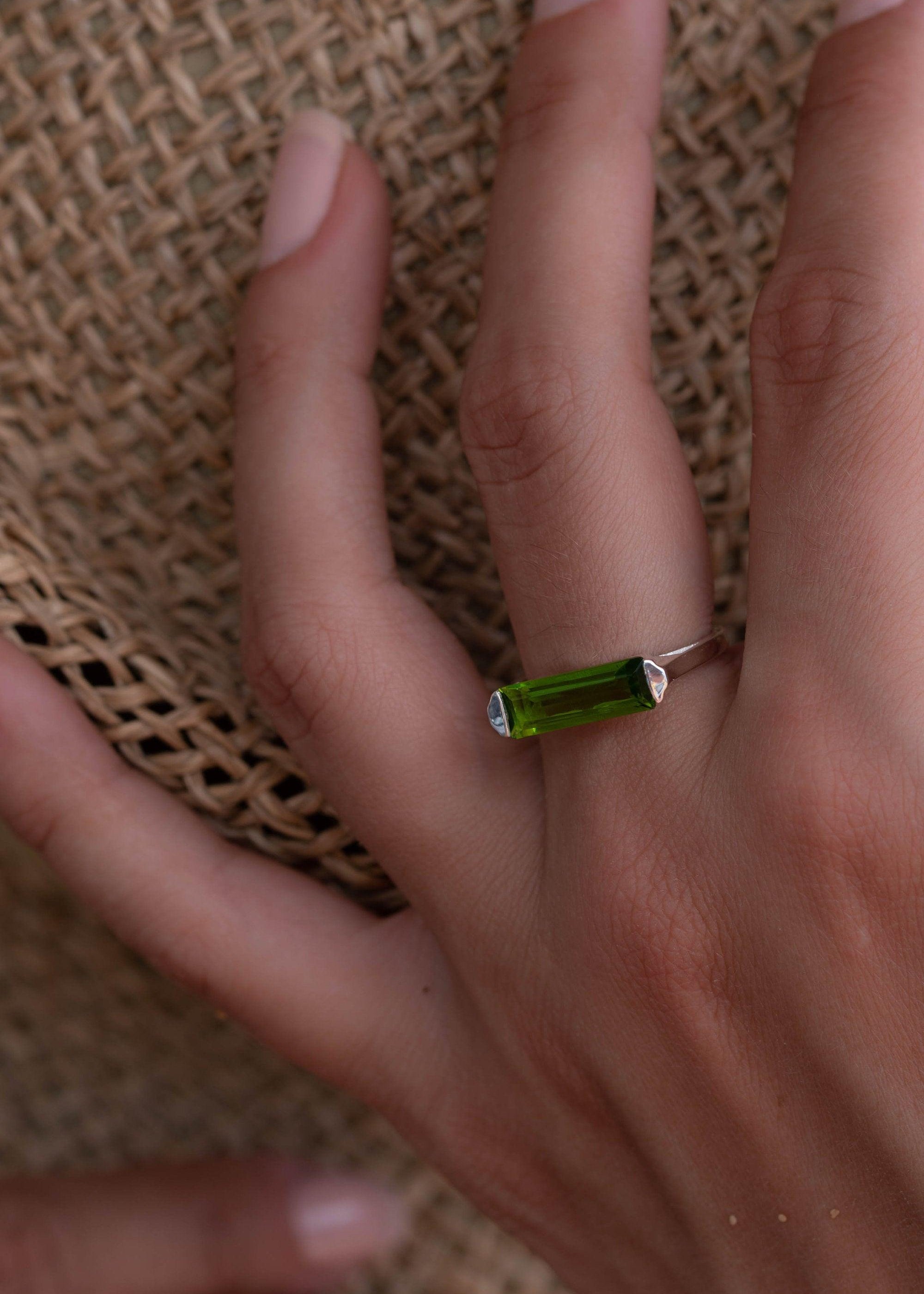 Peridot Hydro Ring ~ Sterling Silver 925 ~ Rectangular Stone ~  Jewelry ~ Handmade ~ Boho ~ Stackable MR227