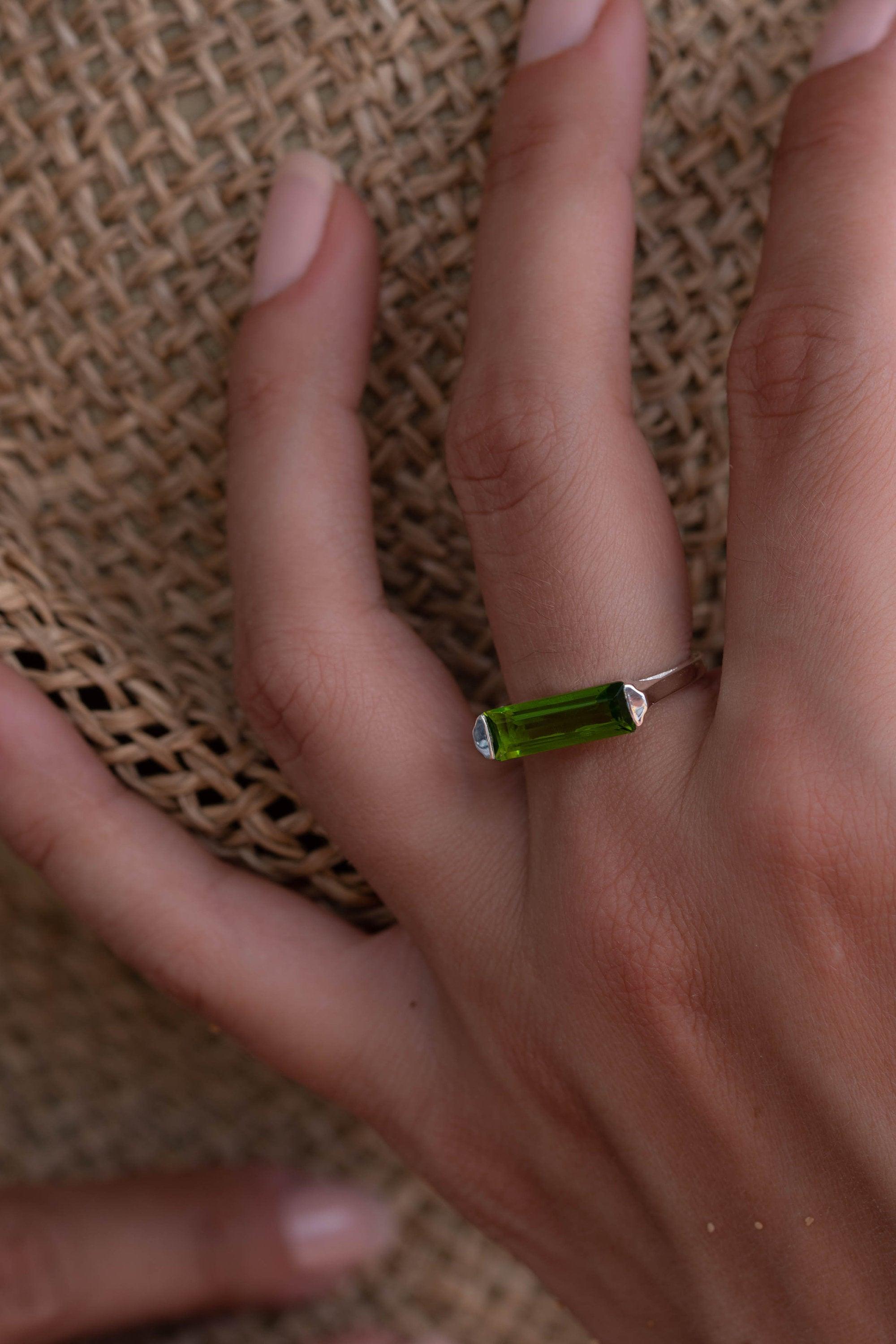 Peridot Hydro Ring ~ Sterling Silver 925 ~ Rectangular Stone ~  Jewelry ~ Handmade ~ Boho ~ Stackable MR227