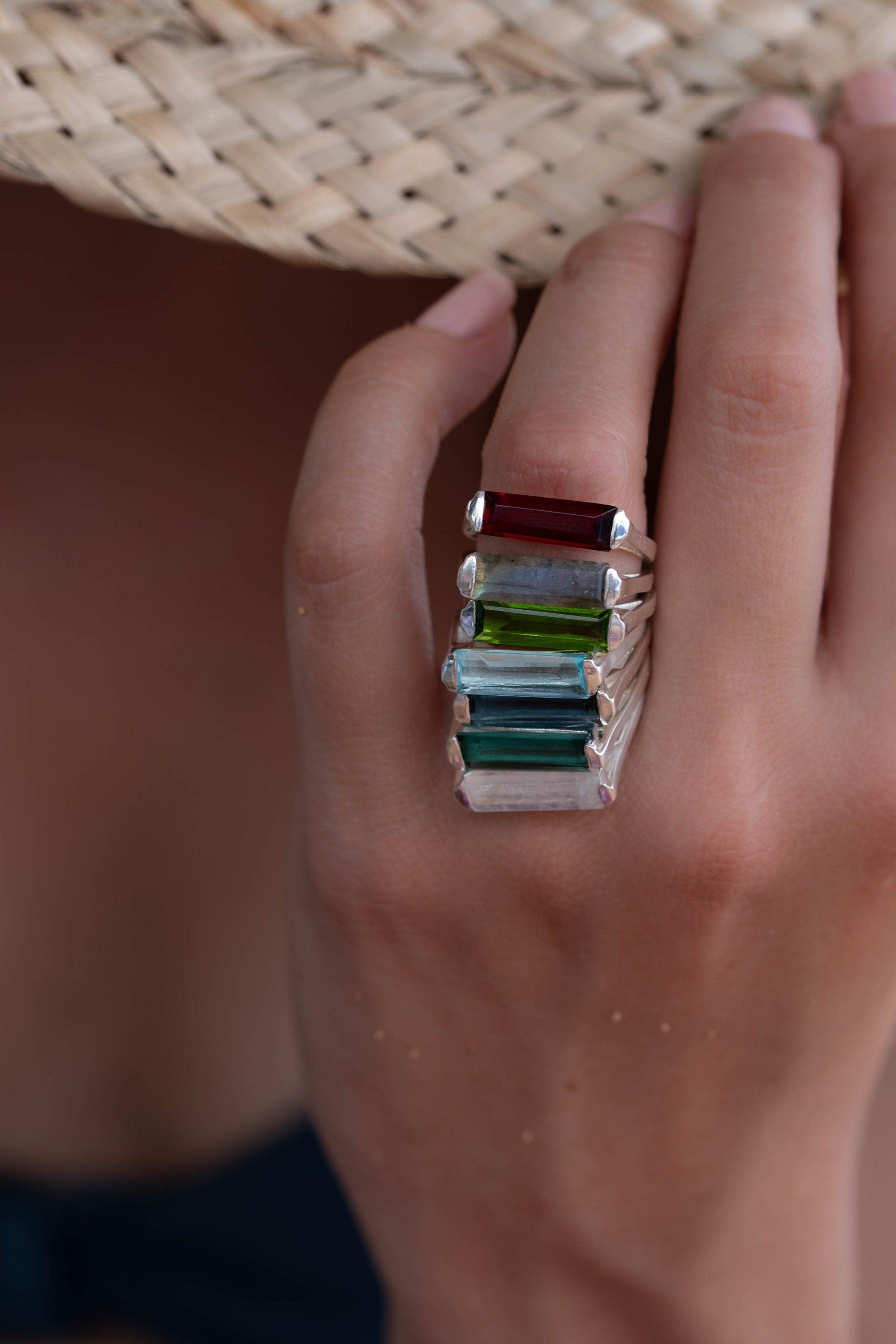 Peridot Hydro Ring ~ Sterling Silver 925 ~ Rectangular Stone ~  Jewelry ~ Handmade ~ Boho ~ Stackable MR227