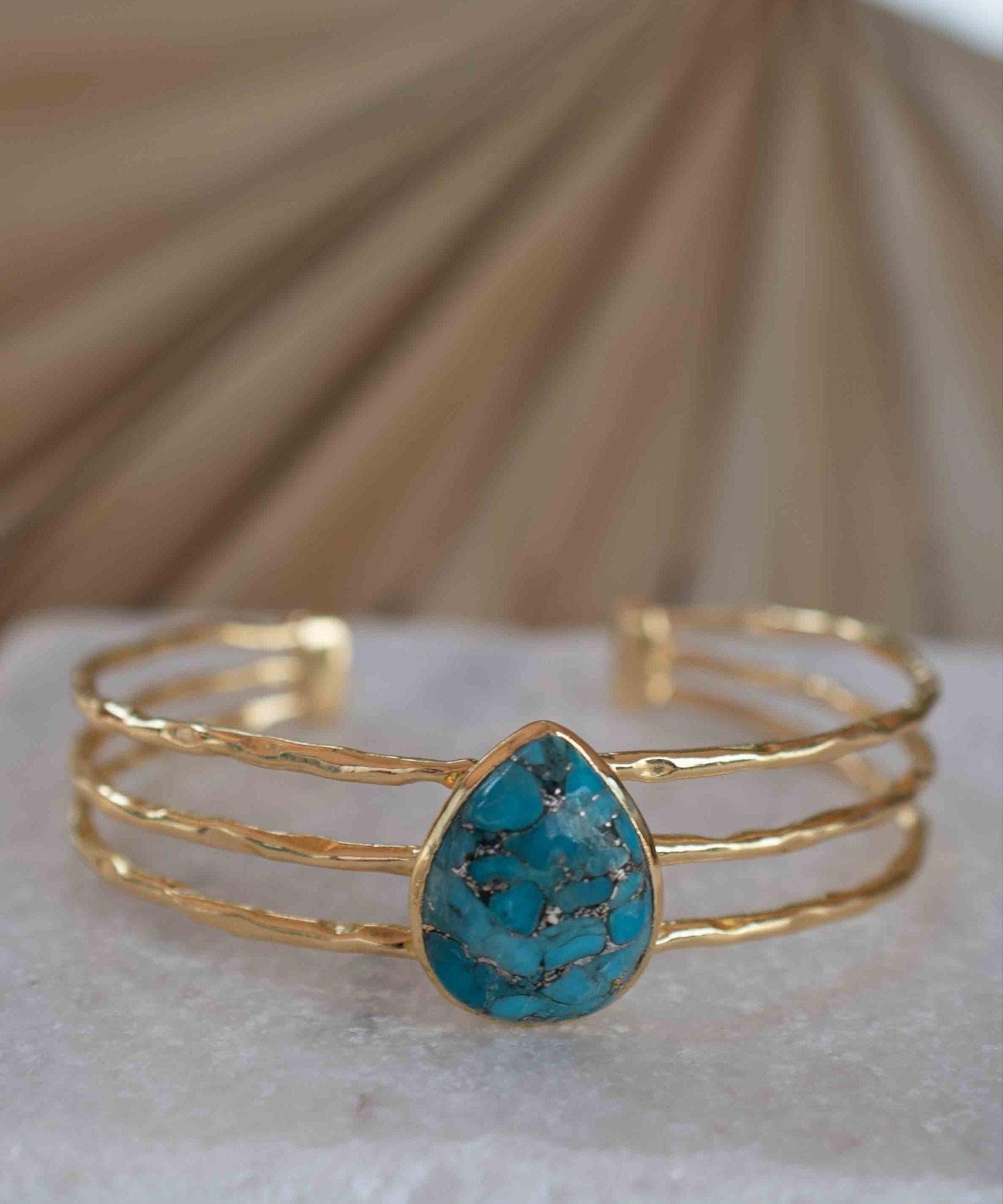 Copper Turquoise Adjustable Bracelet ~ Gold Plated 18k ~ Handmade ~Statement  Hippie ~Bohemian ~Jewelry ~Gift For Her ~Gemstone ~Body MB044