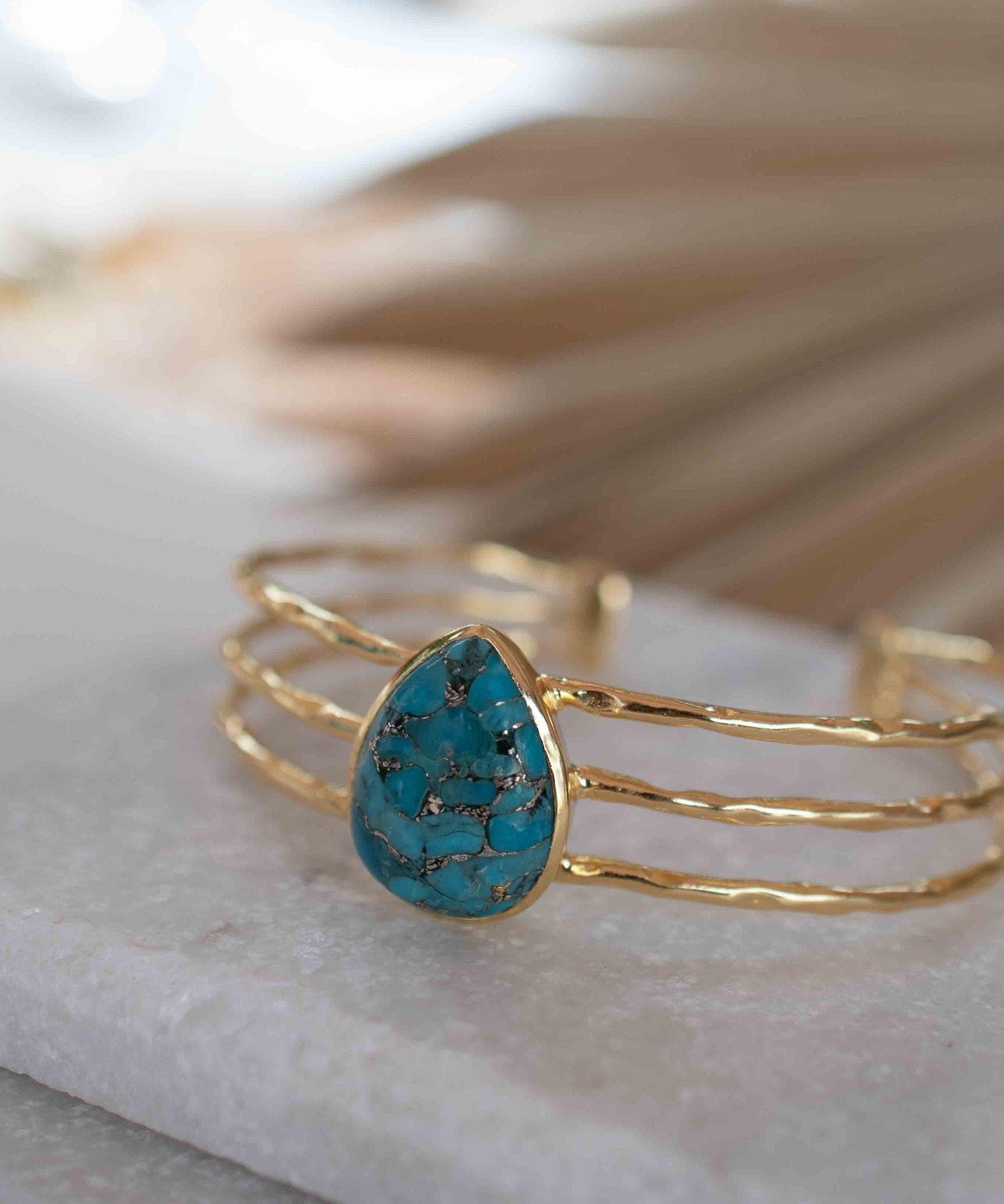Copper Turquoise Adjustable Bracelet ~ Gold Plated 18k ~ Handmade ~Statement  Hippie ~Bohemian ~Jewelry ~Gift For Her ~Gemstone ~Body MB044