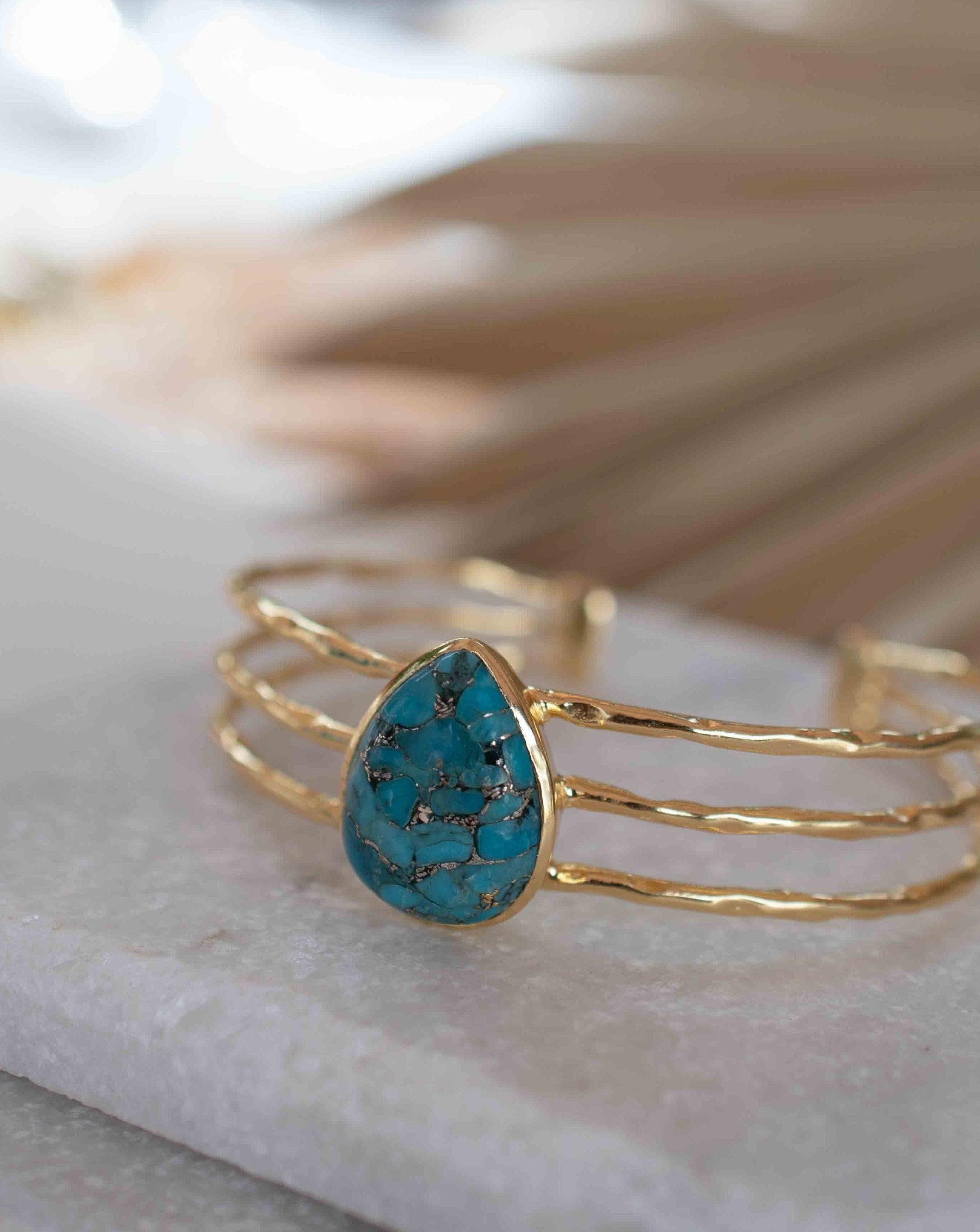 Copper Turquoise Adjustable Bracelet ~ Gold Plated 18k ~ Handmade ~Statement  Hippie ~Bohemian ~Jewelry ~Gift For Her ~Gemstone ~Body MB044