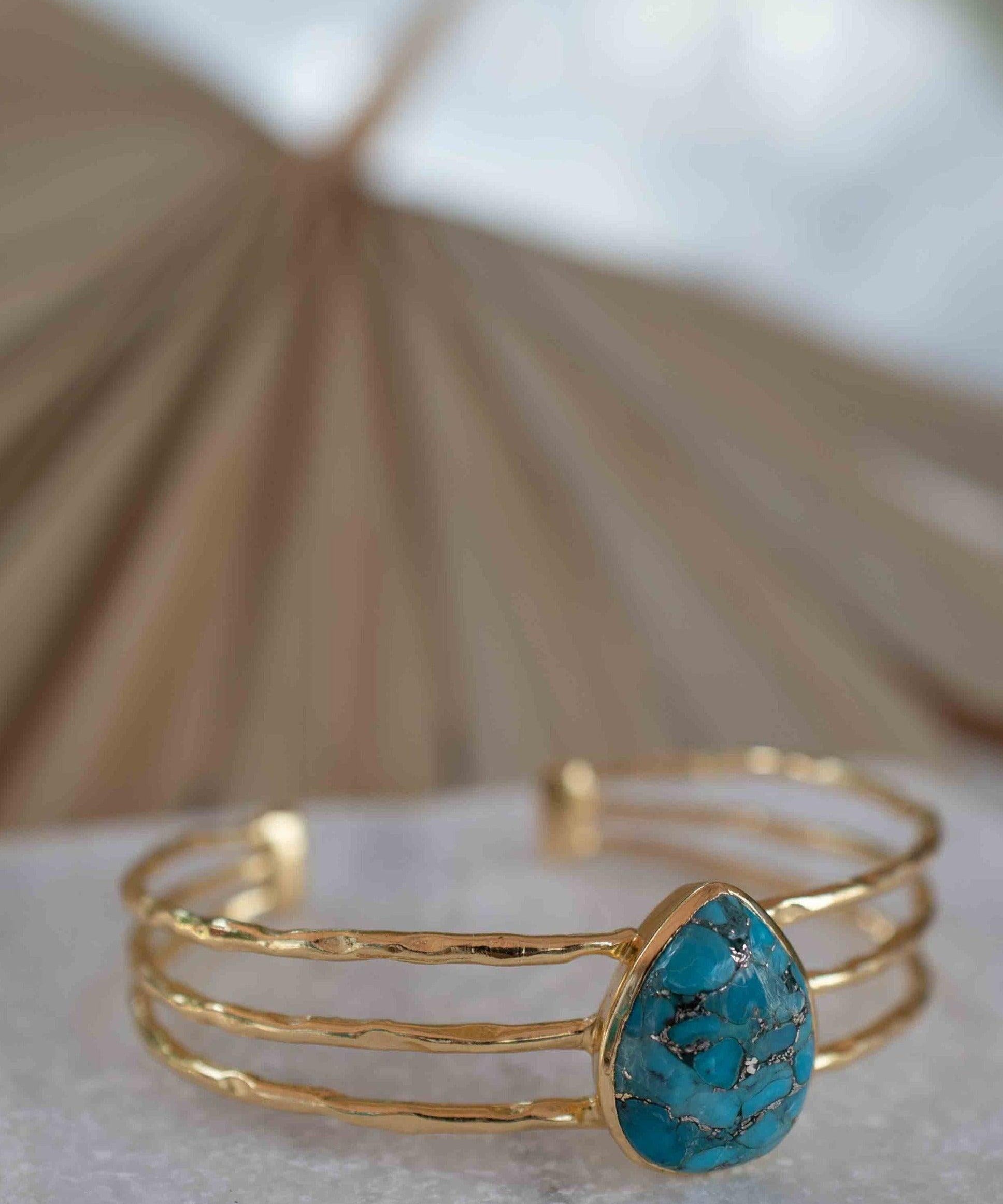 Copper Turquoise Adjustable Bracelet ~ Gold Plated 18k ~ Handmade ~Statement  Hippie ~Bohemian ~Jewelry ~Gift For Her ~Gemstone ~Body MB044