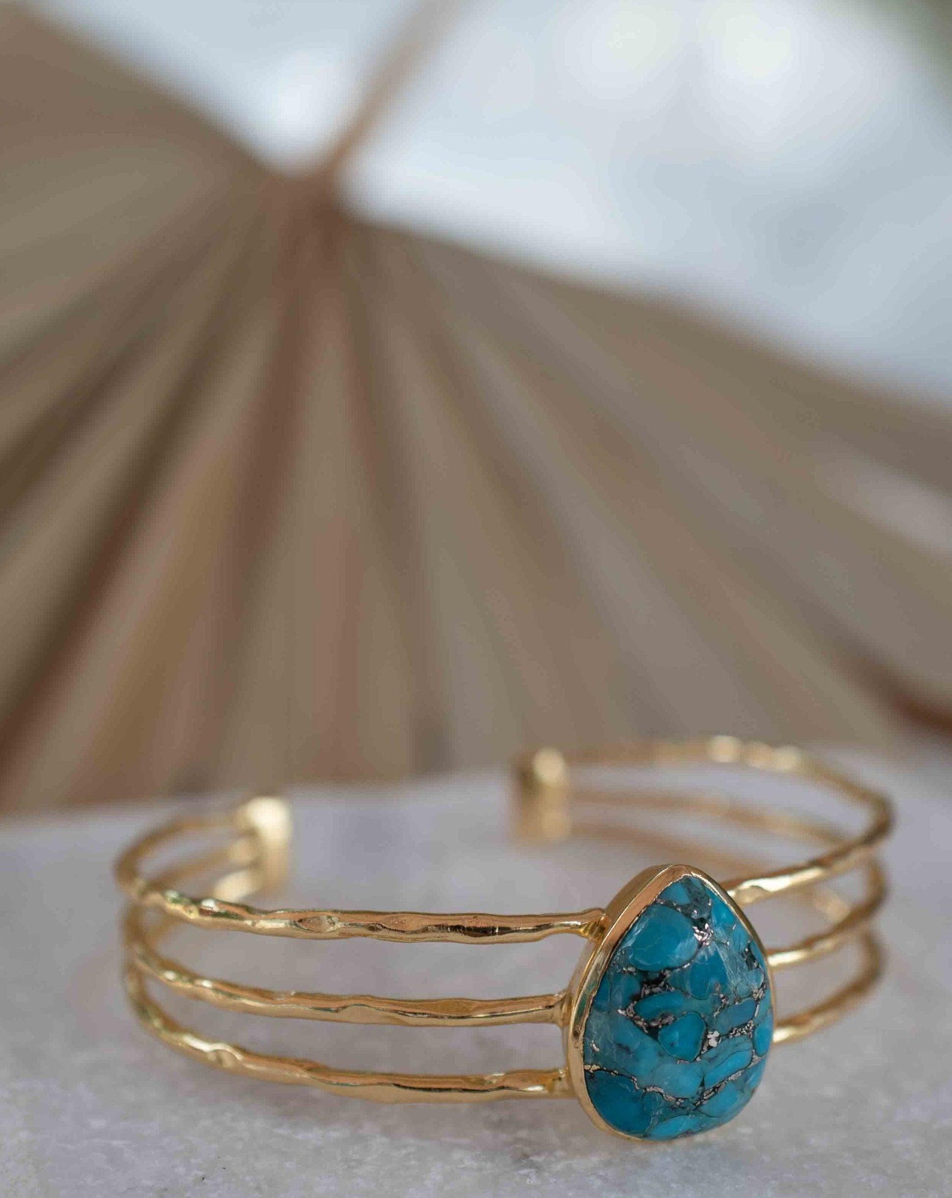 Copper Turquoise Adjustable Bracelet ~ Gold Plated 18k ~ Handmade ~Statement  Hippie ~Bohemian ~Jewelry ~Gift For Her ~Gemstone ~Body MB044