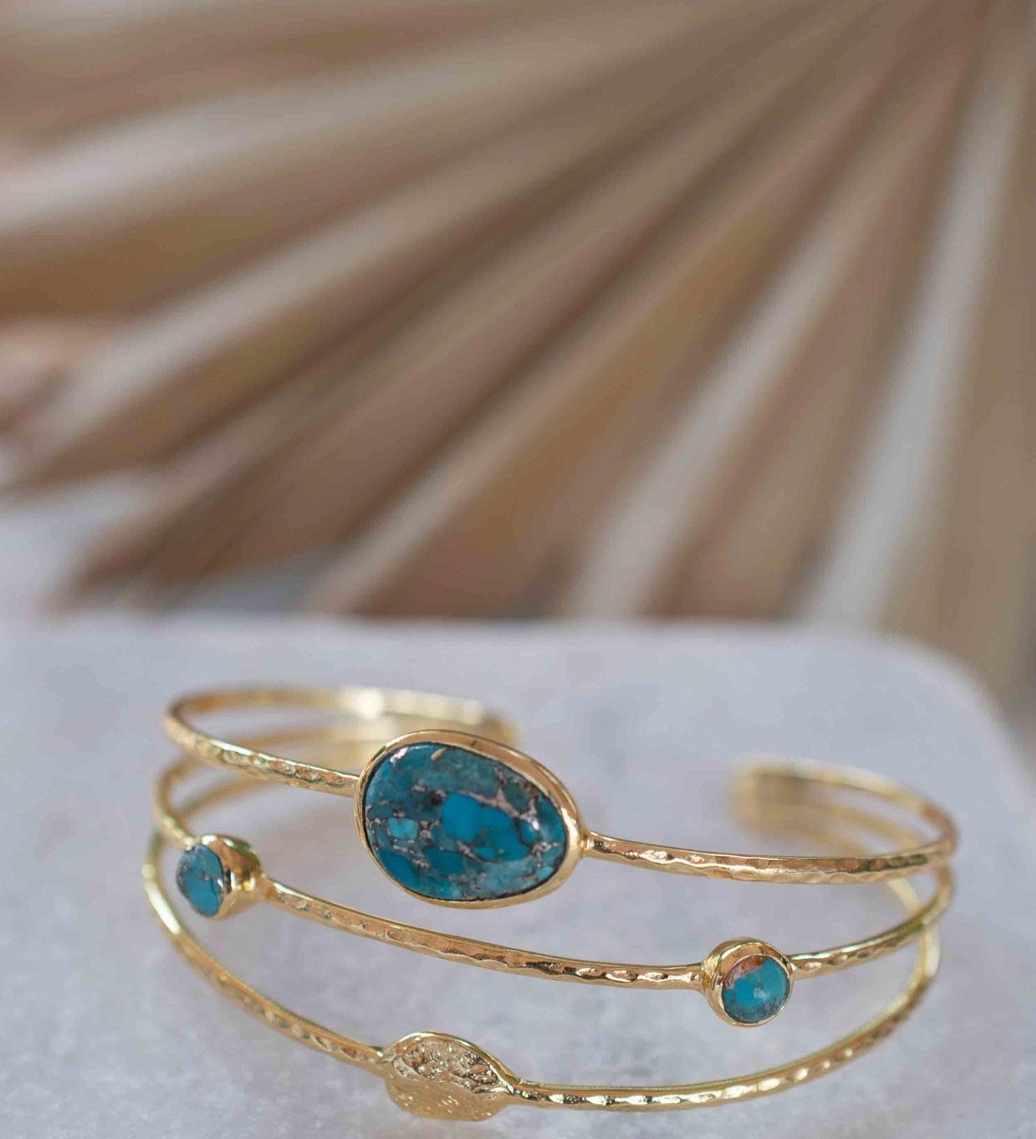 Copper Turquoise Adjustable Bracelet ~ Gold Plated 18k ~ Handmade ~Statement  Hippie ~Bohemian ~Jewelry ~Gift For Her ~Gemstone ~Body MB049