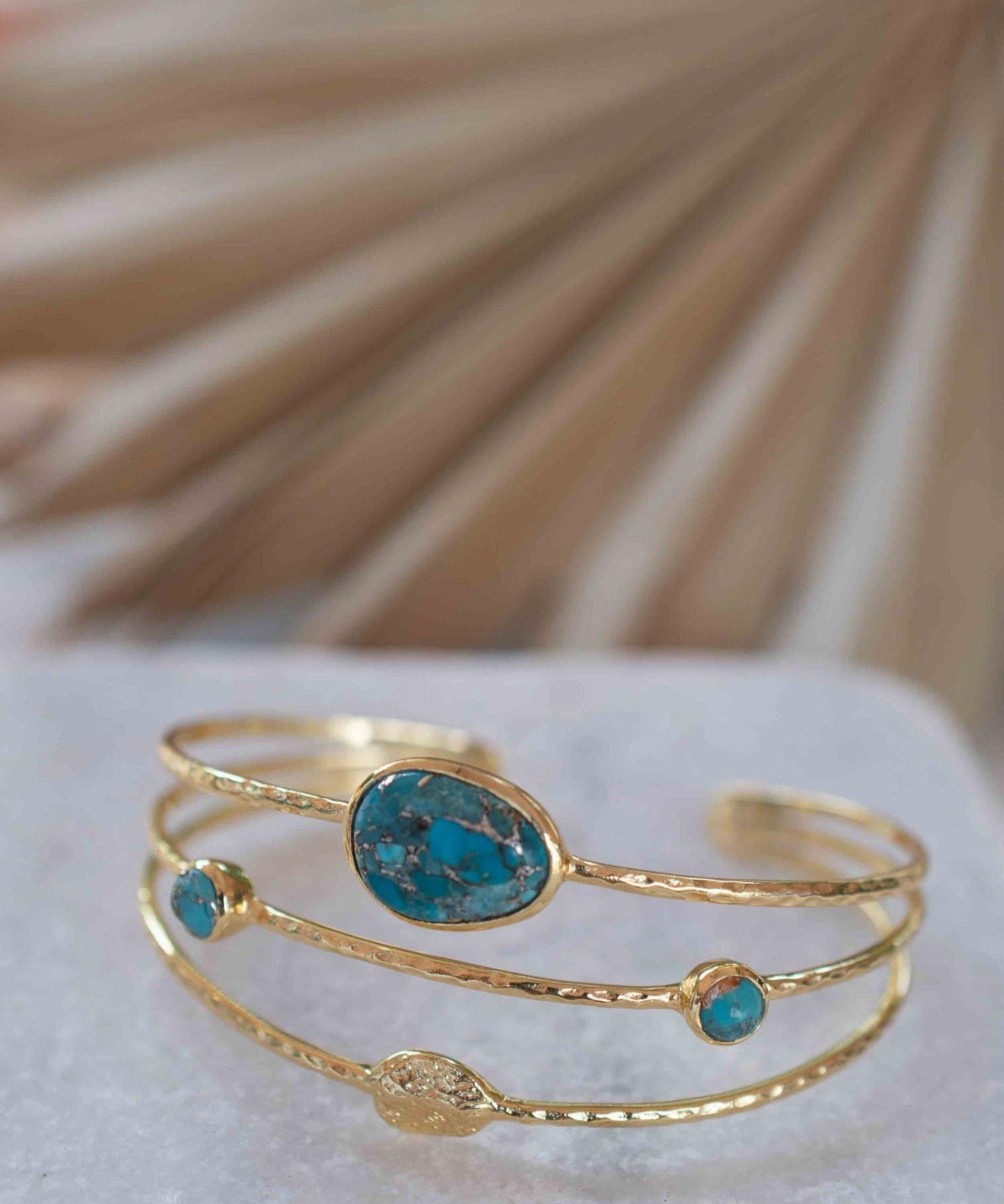 Copper Turquoise Adjustable Bracelet ~ Gold Plated 18k ~ Handmade ~Statement  Hippie ~Bohemian ~Jewelry ~Gift For Her ~Gemstone ~Body MB049