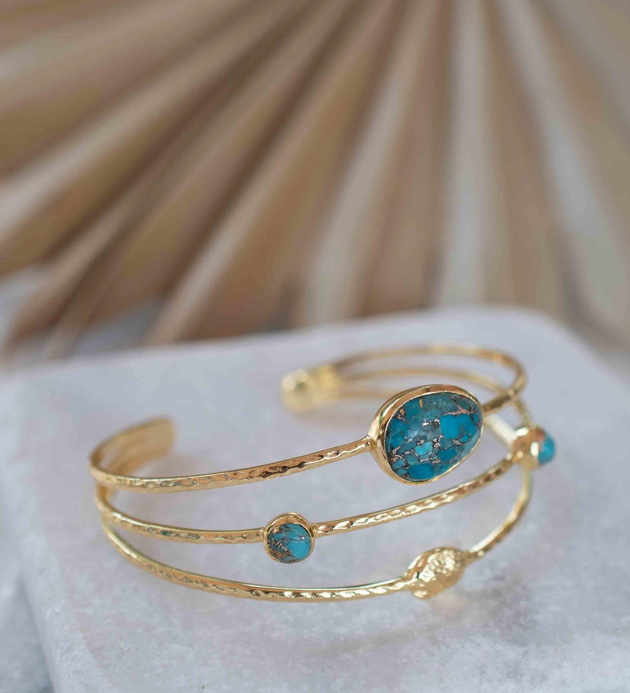 Copper Turquoise Adjustable Bracelet ~ Gold Plated 18k ~ Handmade ~Statement  Hippie ~Bohemian ~Jewelry ~Gift For Her ~Gemstone ~Body MB049
