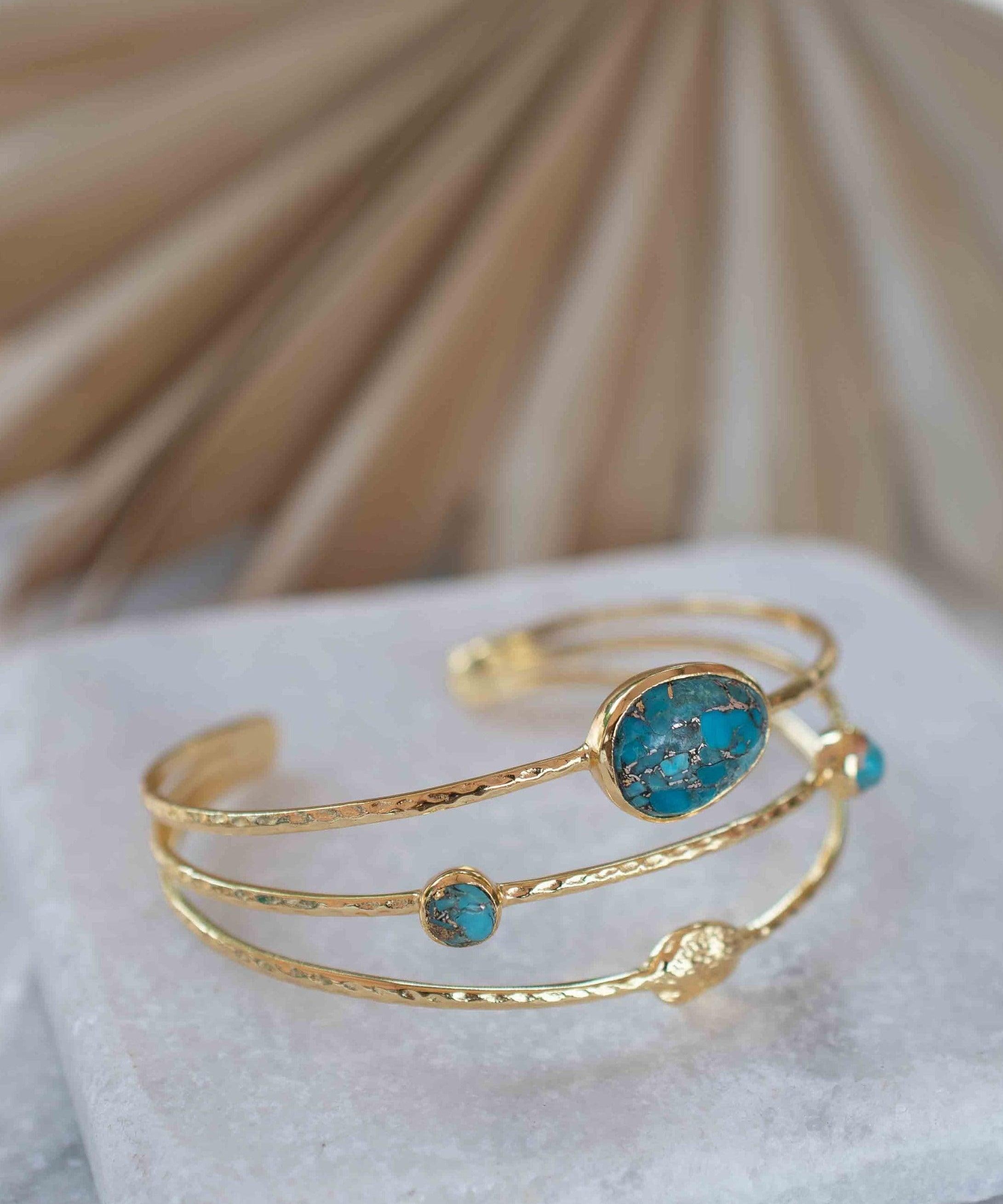 Copper Turquoise Adjustable Bracelet ~ Gold Plated 18k ~ Handmade ~Statement  Hippie ~Bohemian ~Jewelry ~Gift For Her ~Gemstone ~Body MB049