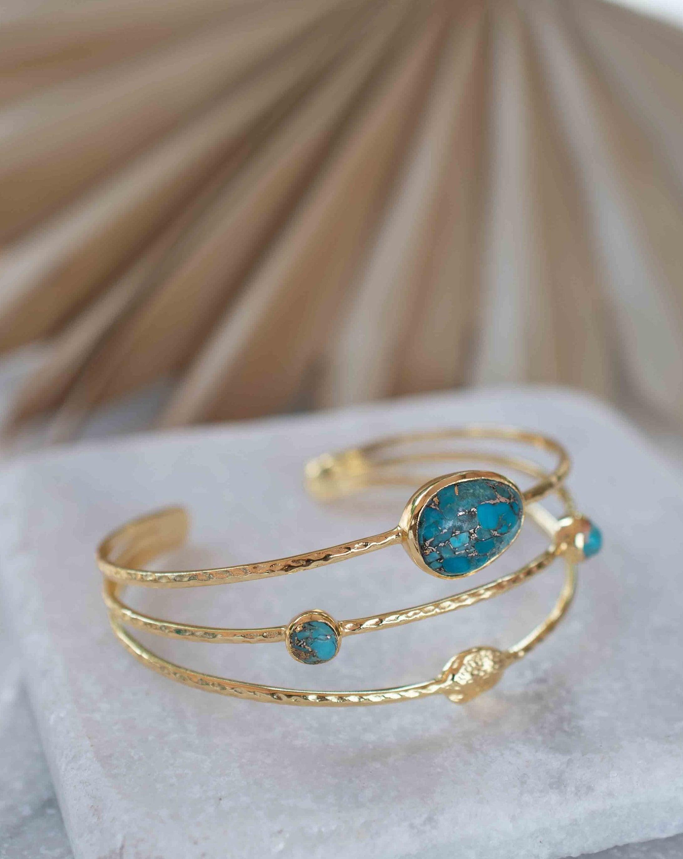 Copper Turquoise Adjustable Bracelet ~ Gold Plated 18k ~ Handmade ~Statement  Hippie ~Bohemian ~Jewelry ~Gift For Her ~Gemstone ~Body MB049