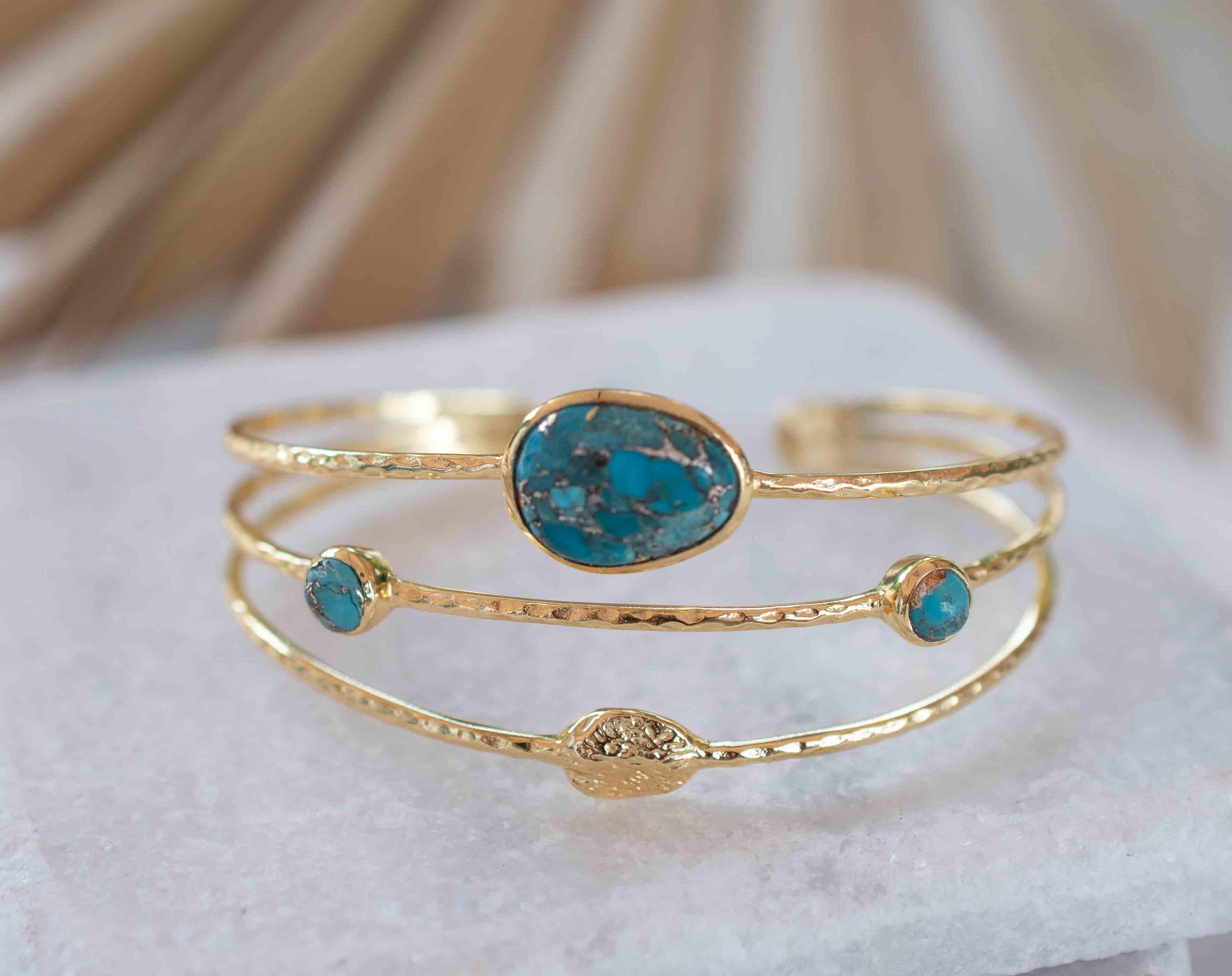 Copper Turquoise Adjustable Bracelet ~ Gold Plated 18k ~ Handmade ~Statement  Hippie ~Bohemian ~Jewelry ~Gift For Her ~Gemstone ~Body MB049