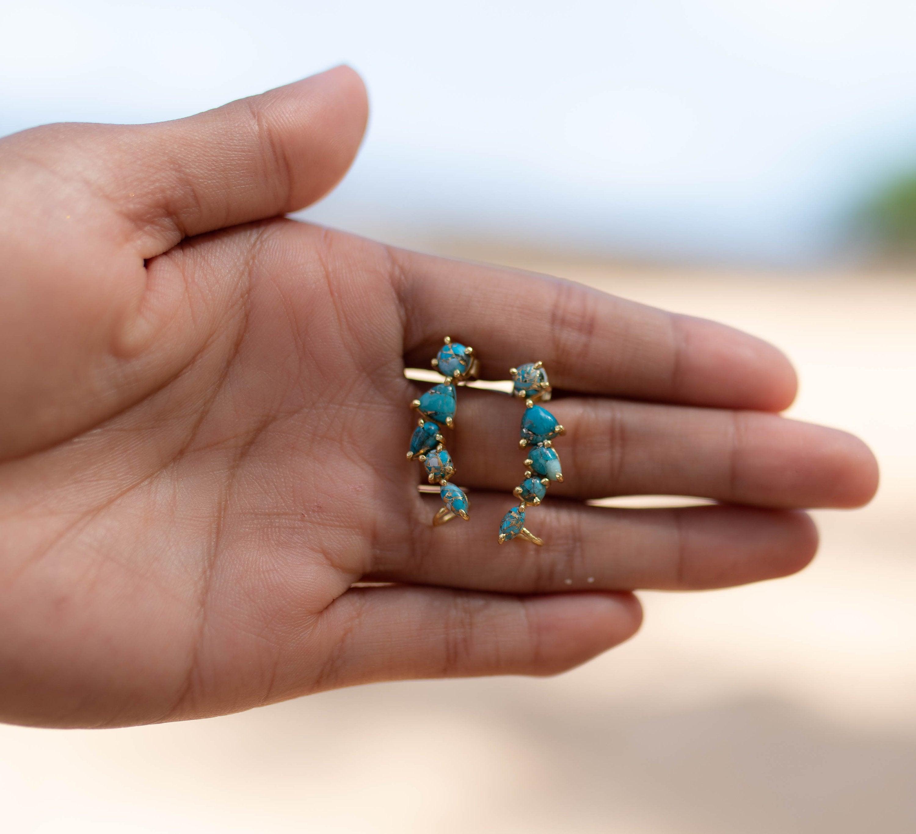 Copper Turquoise Ear Climber Earrings ~ Stud~Jewelry~ 8k Gold Plated ~ Natural ~ Minimalist Everyday ~ Gift for Her ~ Boho ~ Hippie ~ ME152