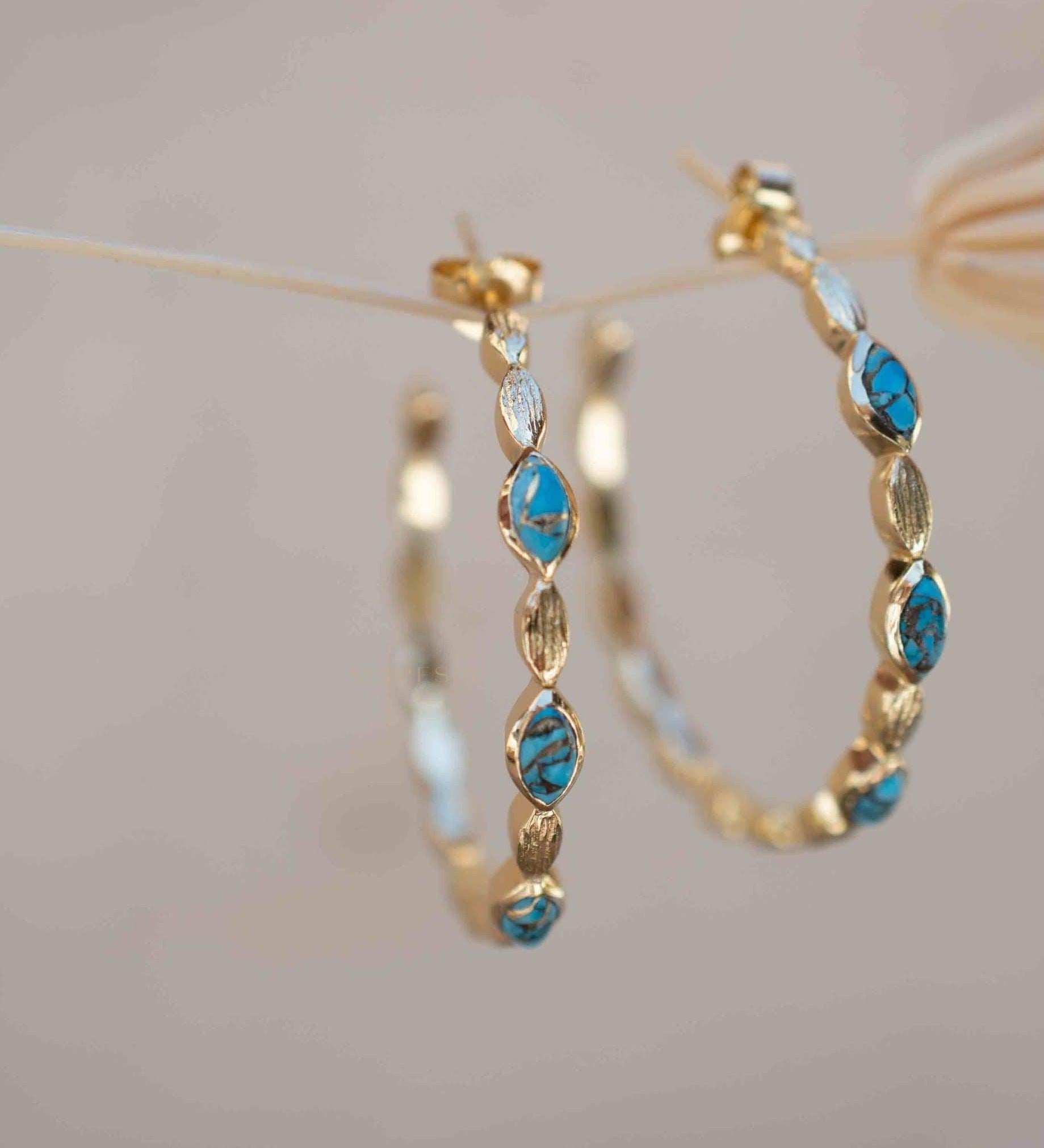 Copper Turquoise Hoop Earrings 18k Gold Plated Earrings ~ Gemstone ~ Post ~Boho design ~ Handmade ~ Jewelry ~ Gift for her ~ ME206