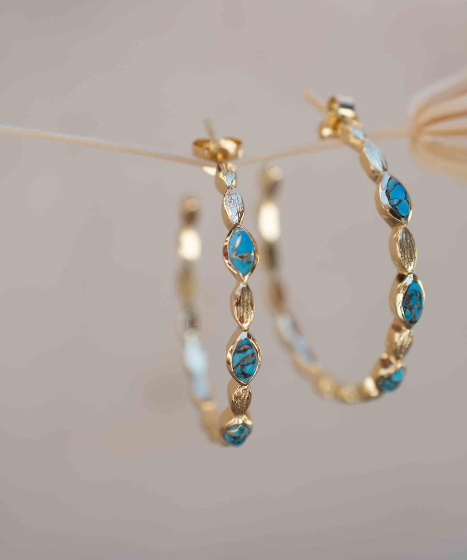 Copper Turquoise Hoop Earrings 18k Gold Plated Earrings ~ Gemstone ~ Post ~Boho design ~ Handmade ~ Jewelry ~ Gift for her ~ ME206