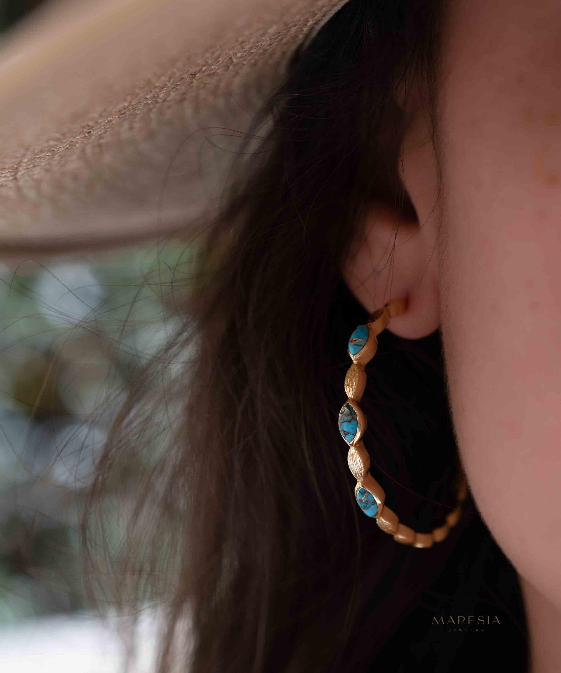 Copper Turquoise Hoop Earrings 18k Gold Plated Earrings ~ Gemstone ~ Post ~Boho design ~ Handmade ~ Jewelry ~ Gift for her ~ ME206