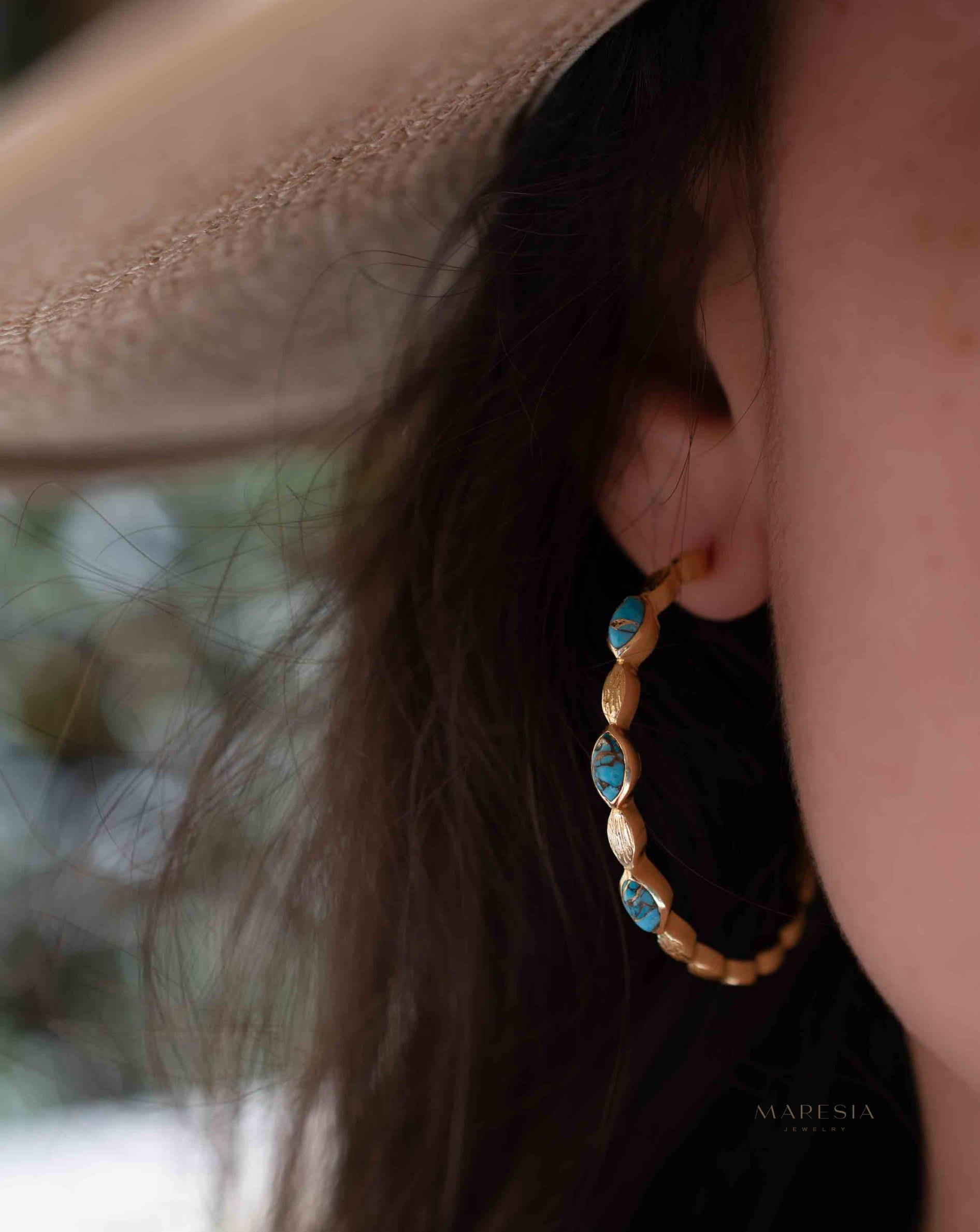 Copper Turquoise Hoop Earrings 18k Gold Plated Earrings ~ Gemstone ~ Post ~Boho design ~ Handmade ~ Jewelry ~ Gift for her ~ ME206