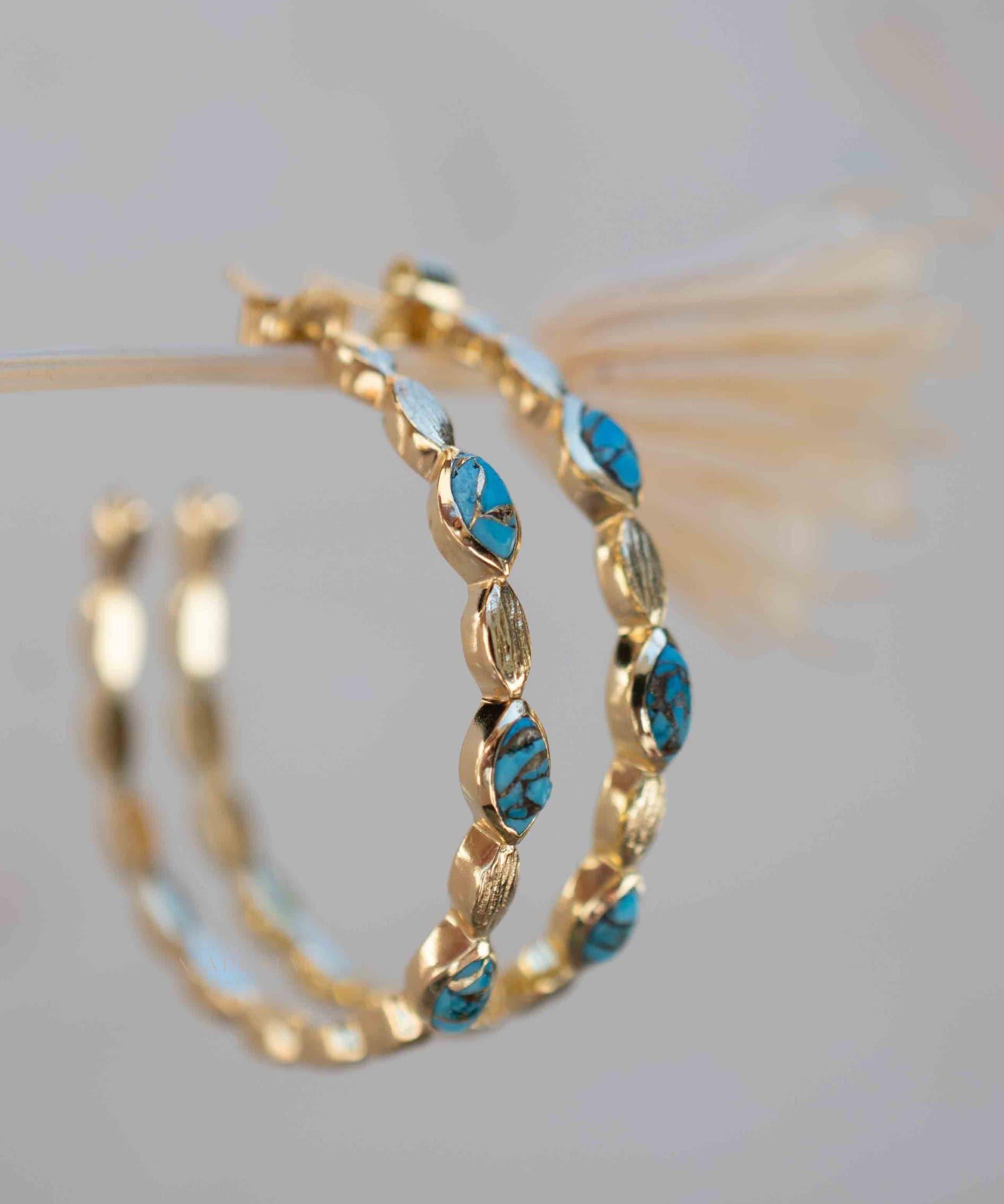 Copper Turquoise Hoop Earrings 18k Gold Plated Earrings ~ Gemstone ~ Post ~Boho design ~ Handmade ~ Jewelry ~ Gift for her ~ ME206